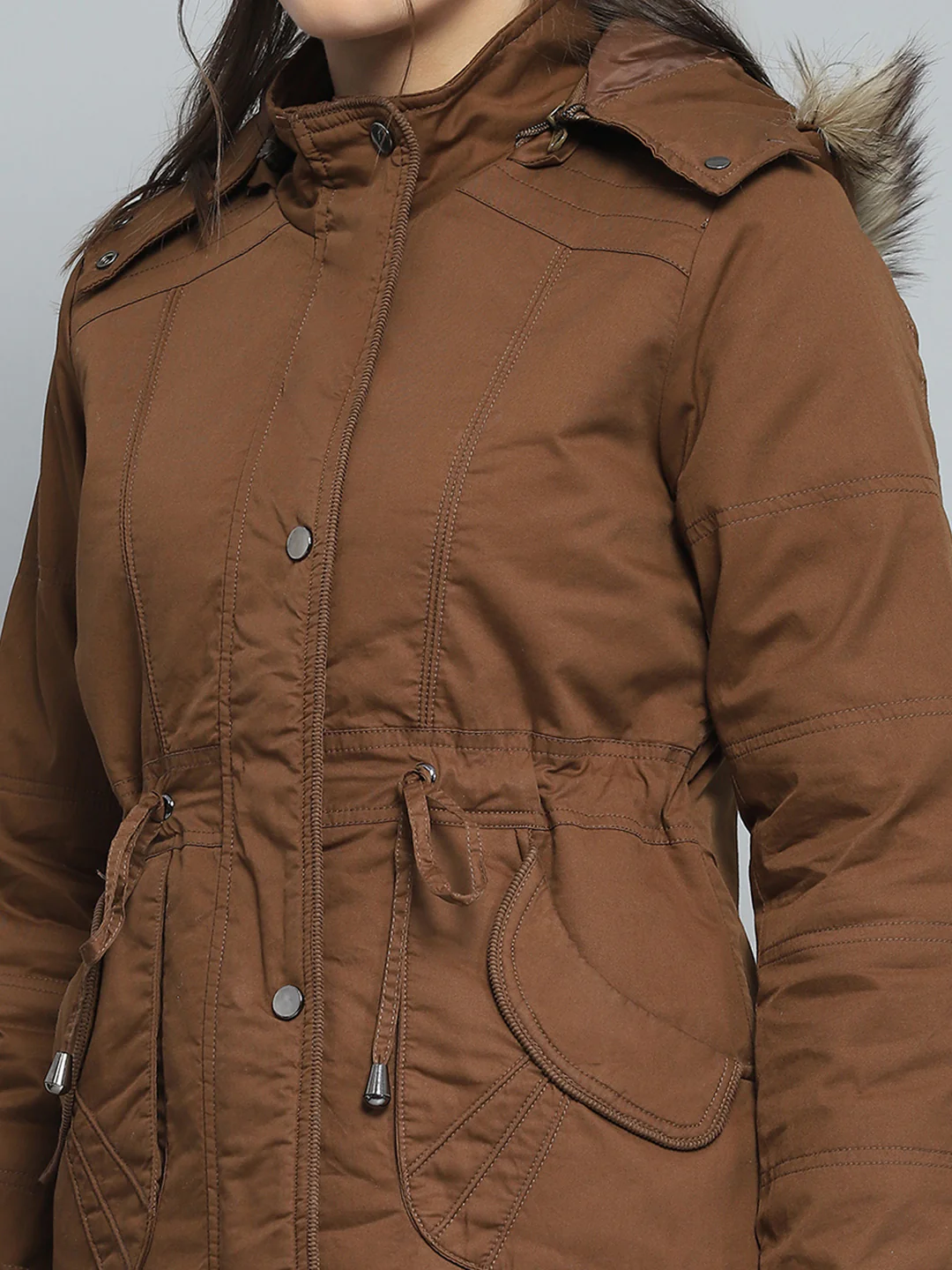 Women Brown Self Design Detachable Hood Full Sleeve Jacket - Image 8