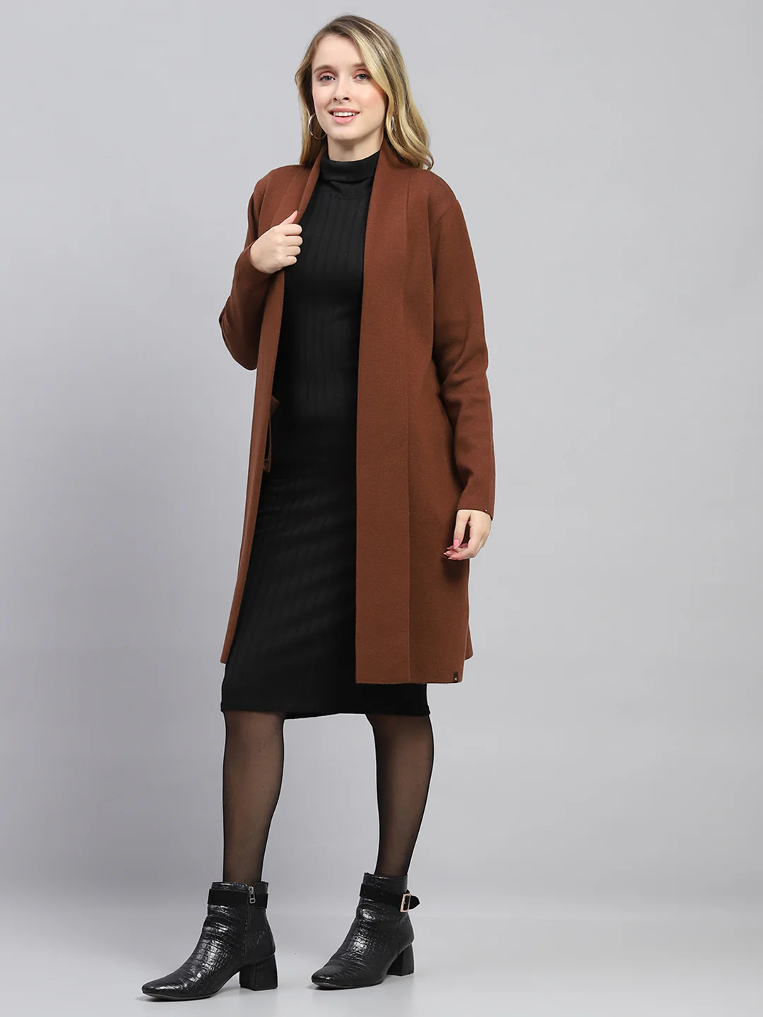 Women Brown Self Design Front Open Full Sleeve Cardigan - Image 2