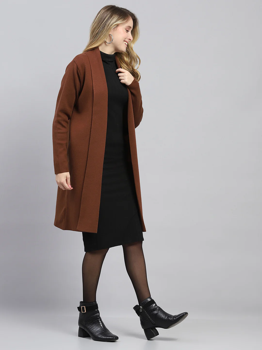 Women Brown Self Design Front Open Full Sleeve Cardigan - Image 3