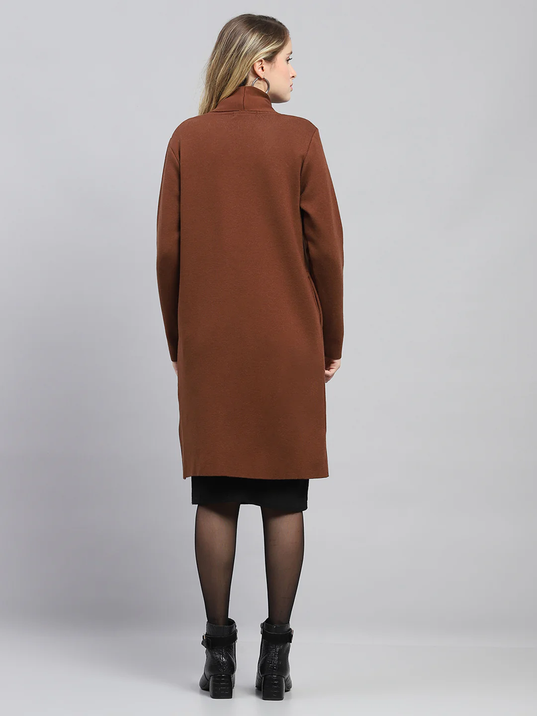Women Brown Self Design Front Open Full Sleeve Cardigan - Image 4