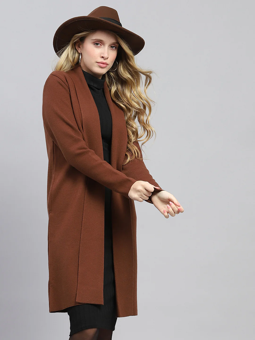 Women Brown Self Design Front Open Full Sleeve Cardigan - Image 6