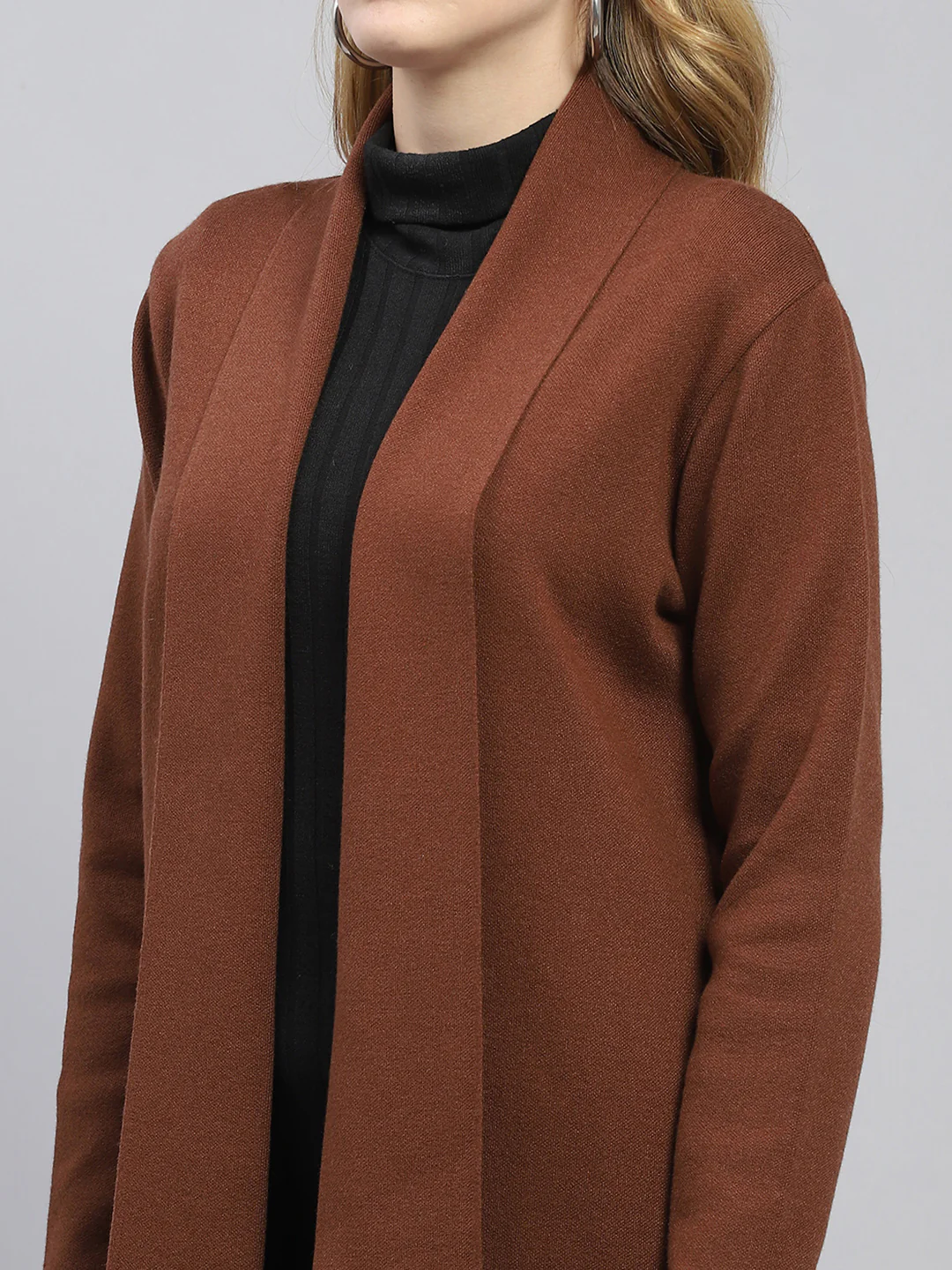 Women Brown Self Design Front Open Full Sleeve Cardigan - Image 7