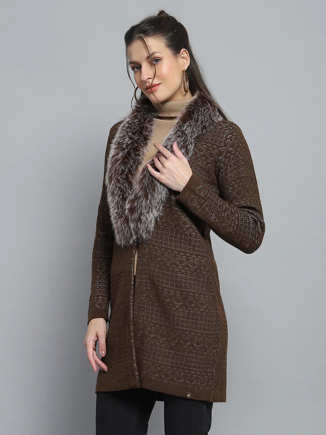 Women Brown Self Design Front Open Full Sleeve Cardigan - Image 3