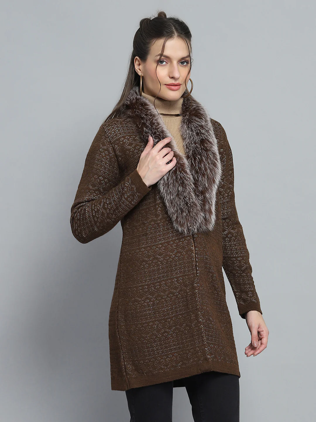 Women Brown Self Design Front Open Full Sleeve Cardigan - Image 4