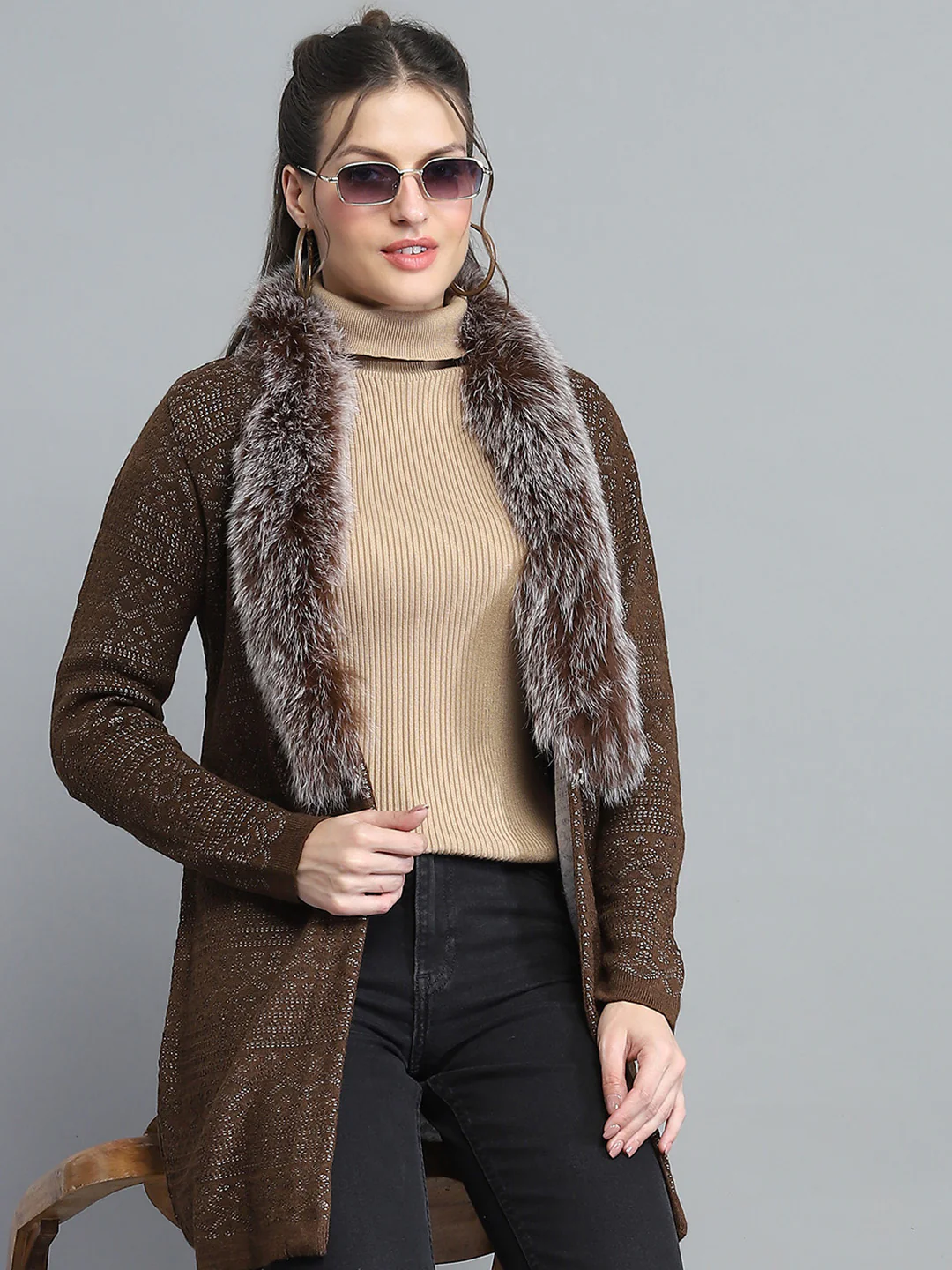 Women Brown Self Design Front Open Full Sleeve Cardigan - Image 6