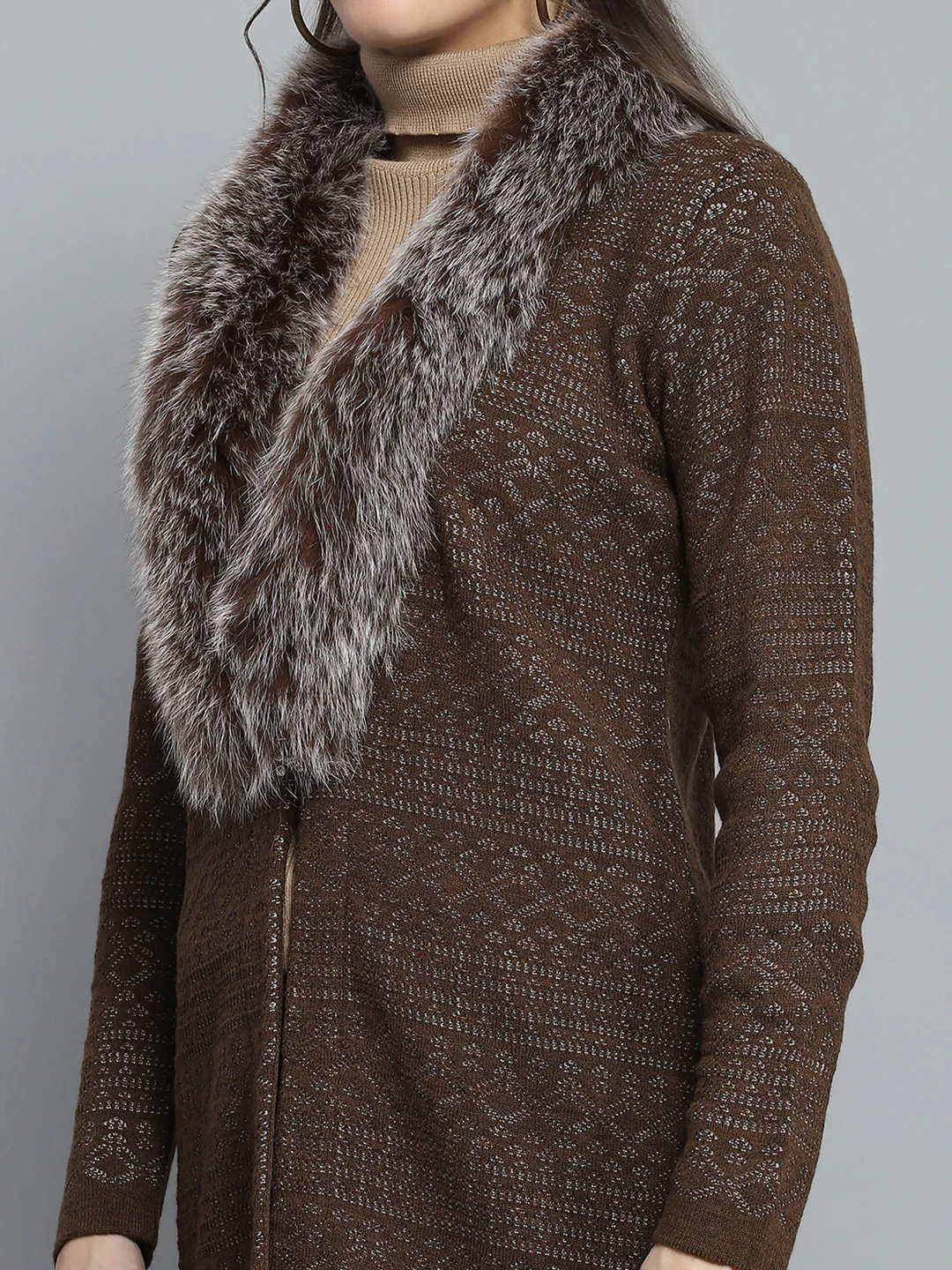 Women Brown Self Design Front Open Full Sleeve Cardigan - Image 7