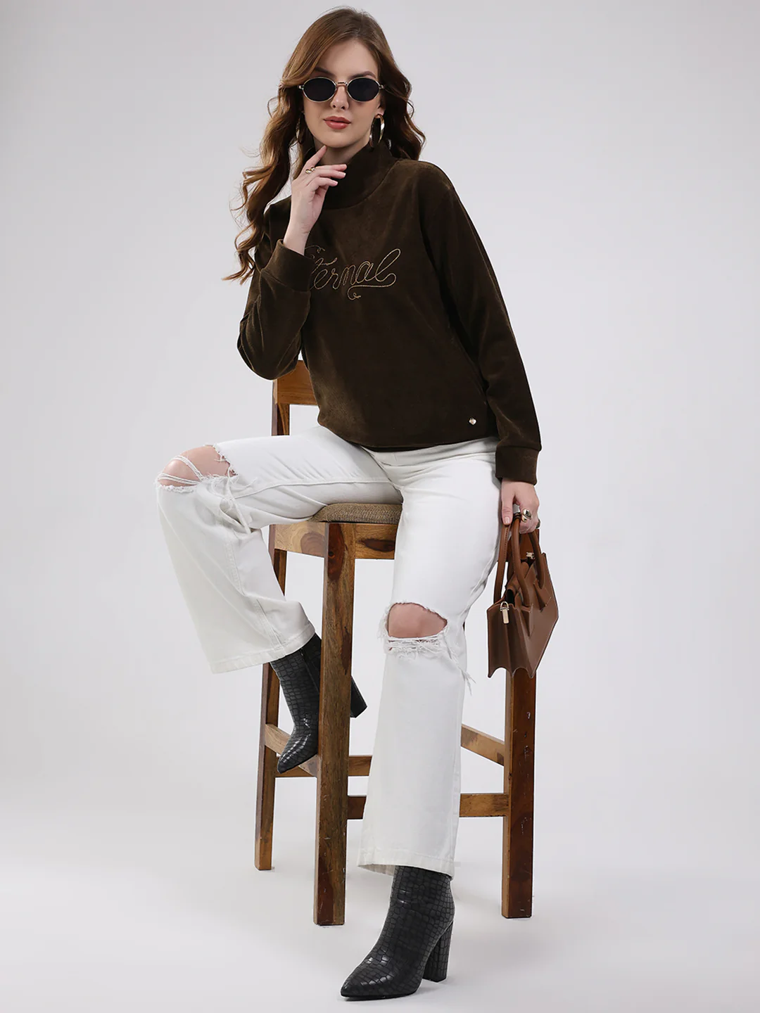 Women Brown Self Design High Neck Full Sleeve Sweatshirt - Image 2
