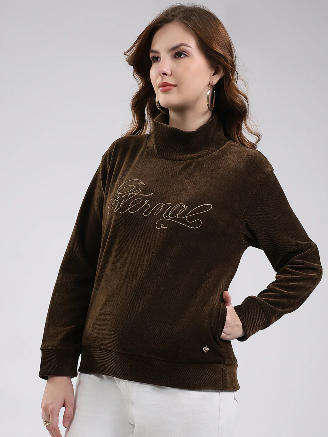 Women Brown Self Design High Neck Full Sleeve Sweatshirt - Image 3