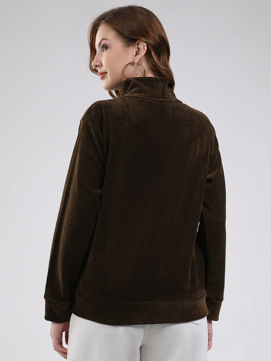 Women Brown Self Design High Neck Full Sleeve Sweatshirt - Image 5