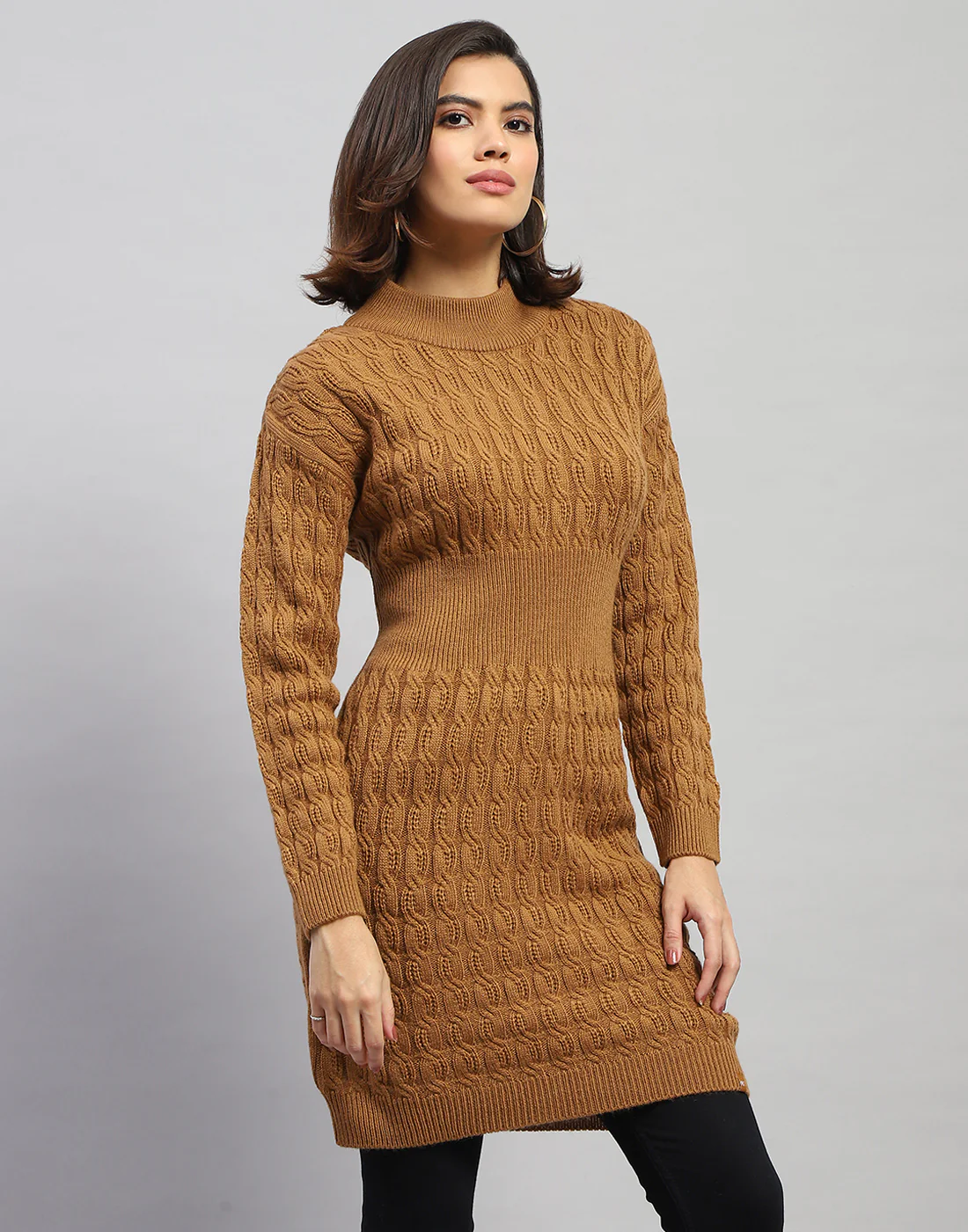 Women Brown Self Design High Neck Full Sleeve Winter Top - Image 4