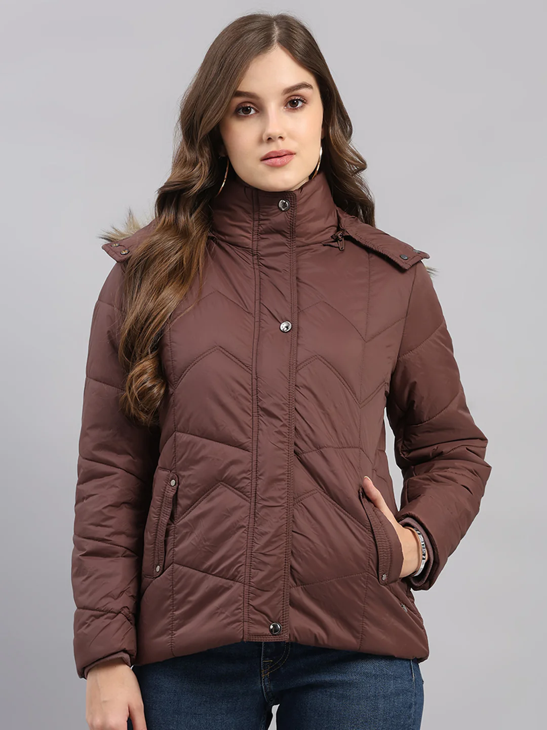 Women Brown Self Design Hooded Full Sleeve Jacket