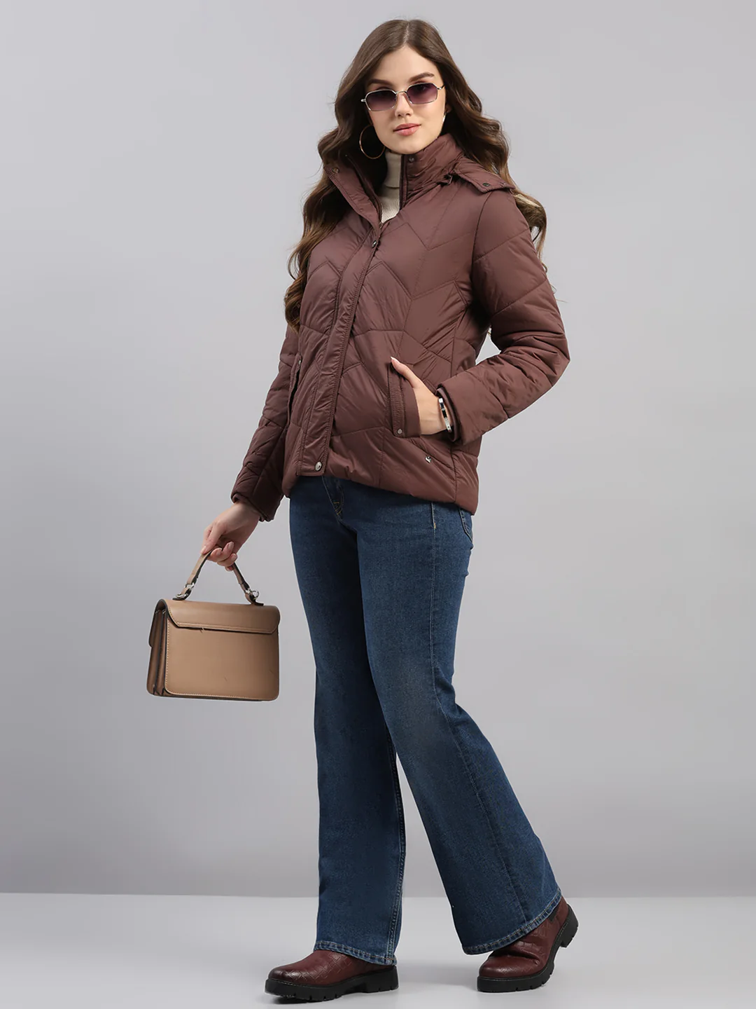 Women Brown Self Design Hooded Full Sleeve Jacket - Image 2