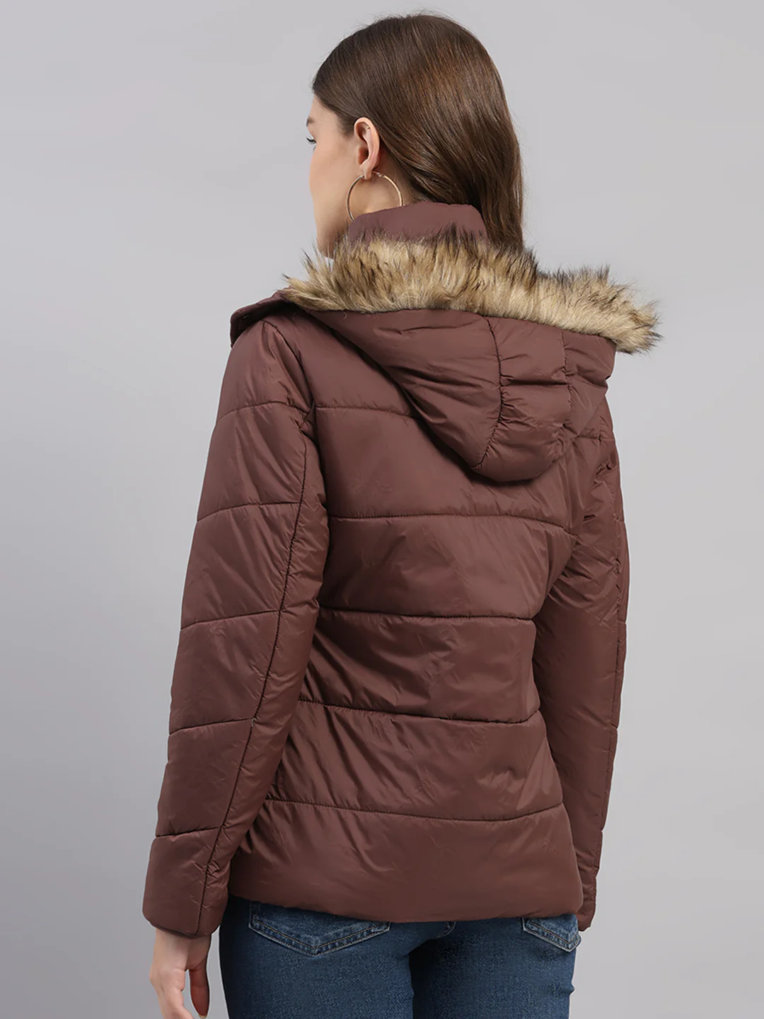 Women Brown Self Design Hooded Full Sleeve Jacket - Image 5
