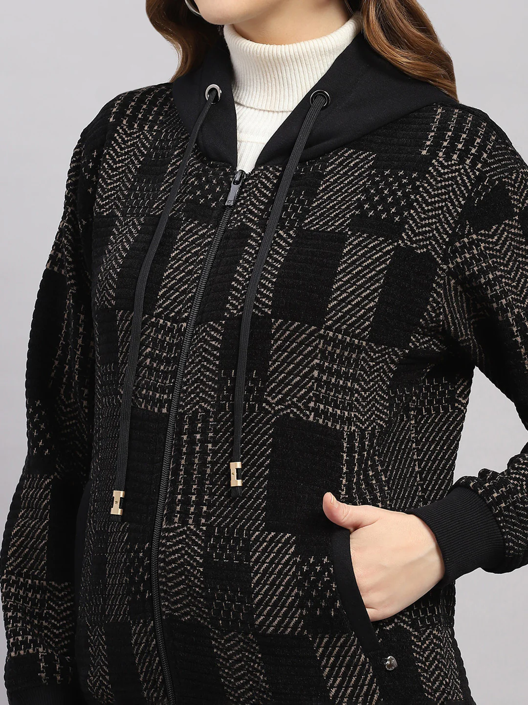 Women Brown Self Design Hooded Full Sleeve Sweatshirt - Image 6