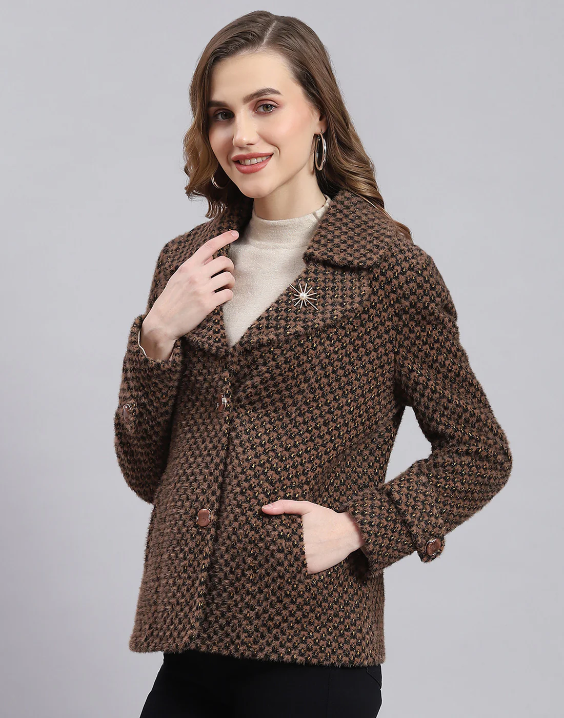Women Brown Self Design Lapel Collar Full Sleeve Coat - Image 3