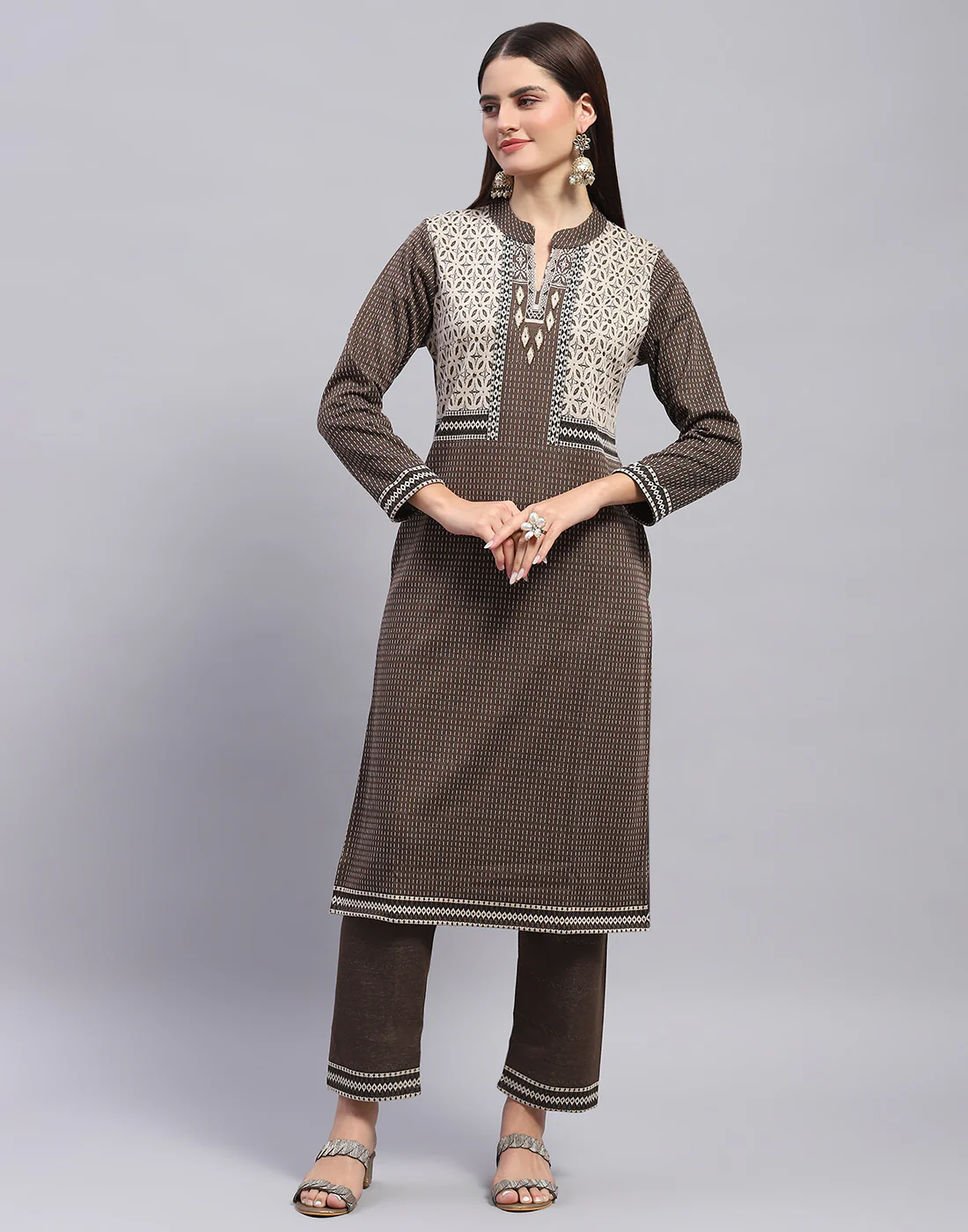 Women Brown Self Design Mandarin Collar Full Sleeve Kurtis + Lower Set - Image 3