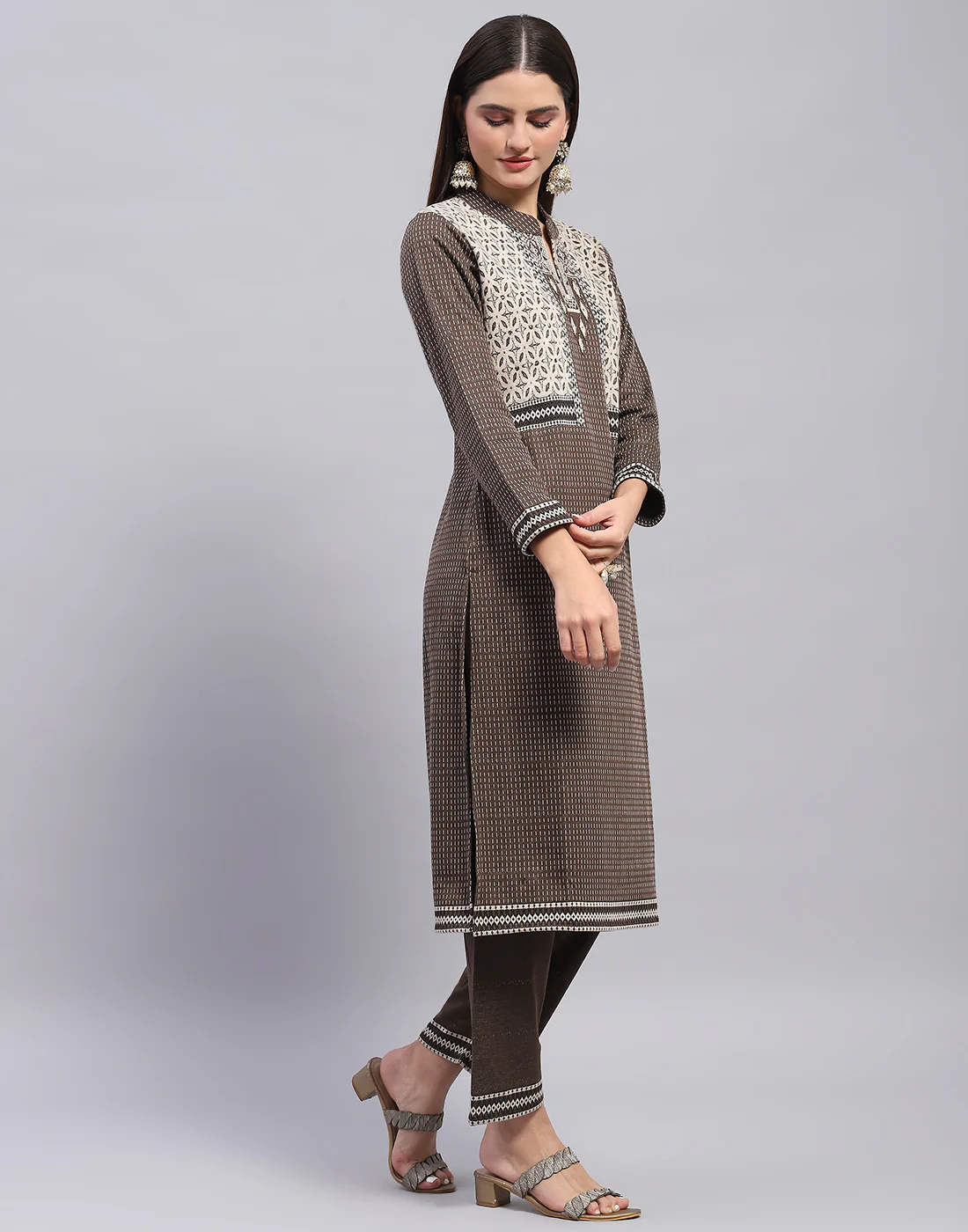 Women Brown Self Design Mandarin Collar Full Sleeve Kurtis + Lower Set - Image 5