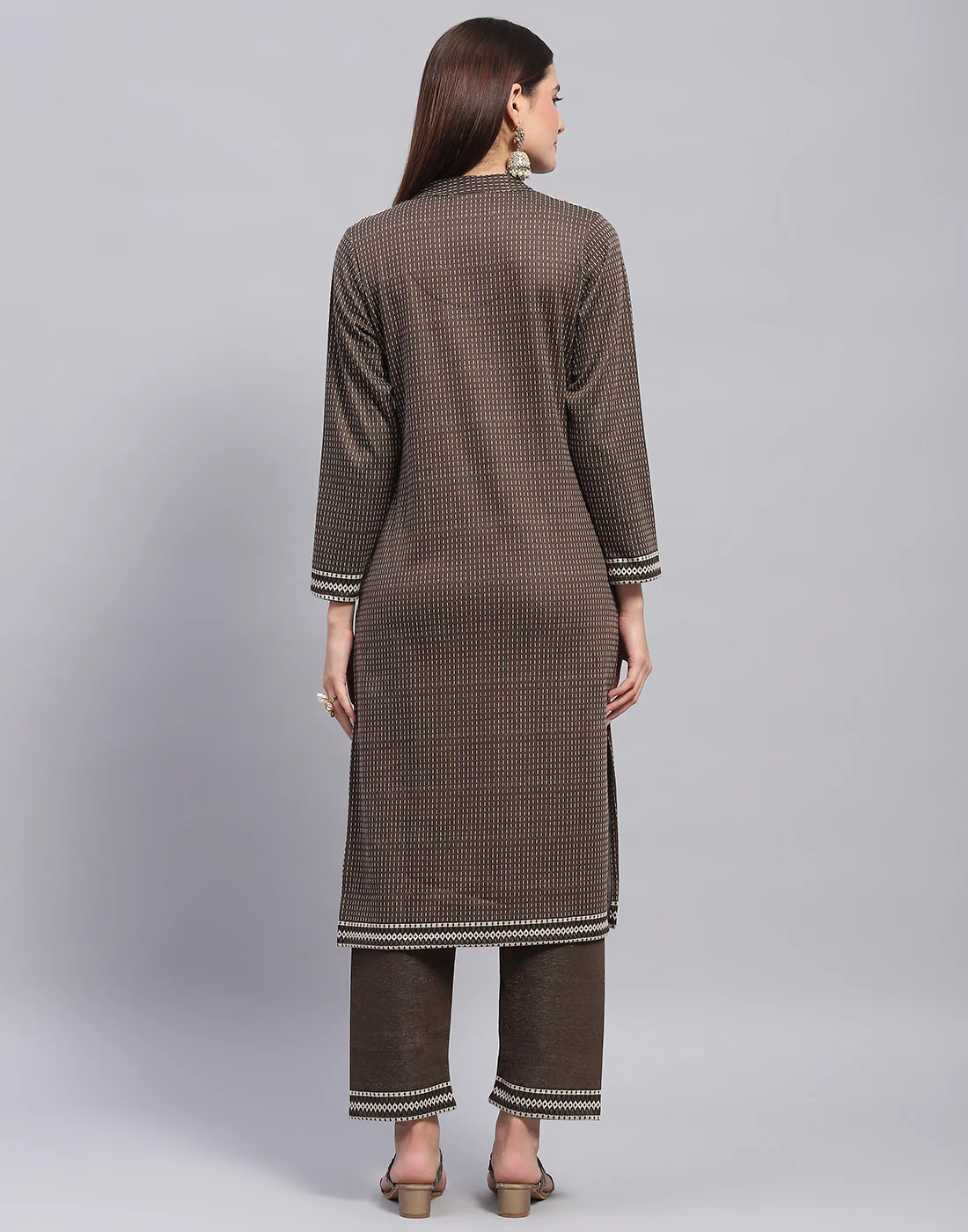 Women Brown Self Design Mandarin Collar Full Sleeve Kurtis + Lower Set - Image 6