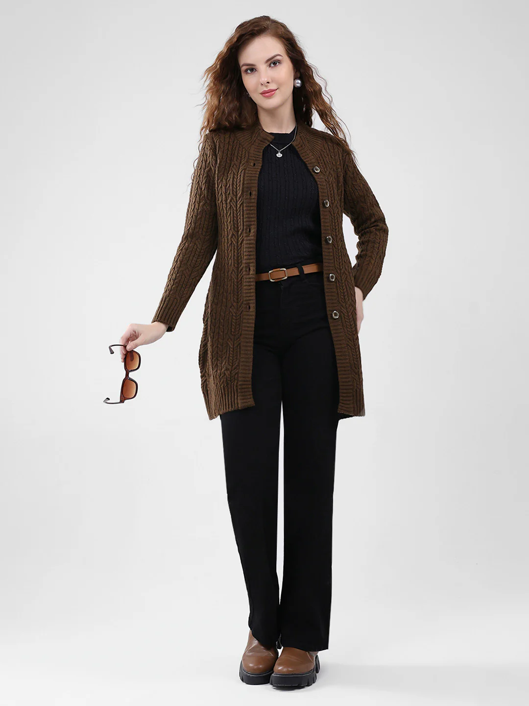 Women Brown Self Design Mock Neck Full Sleeve Cardigan - Image 2