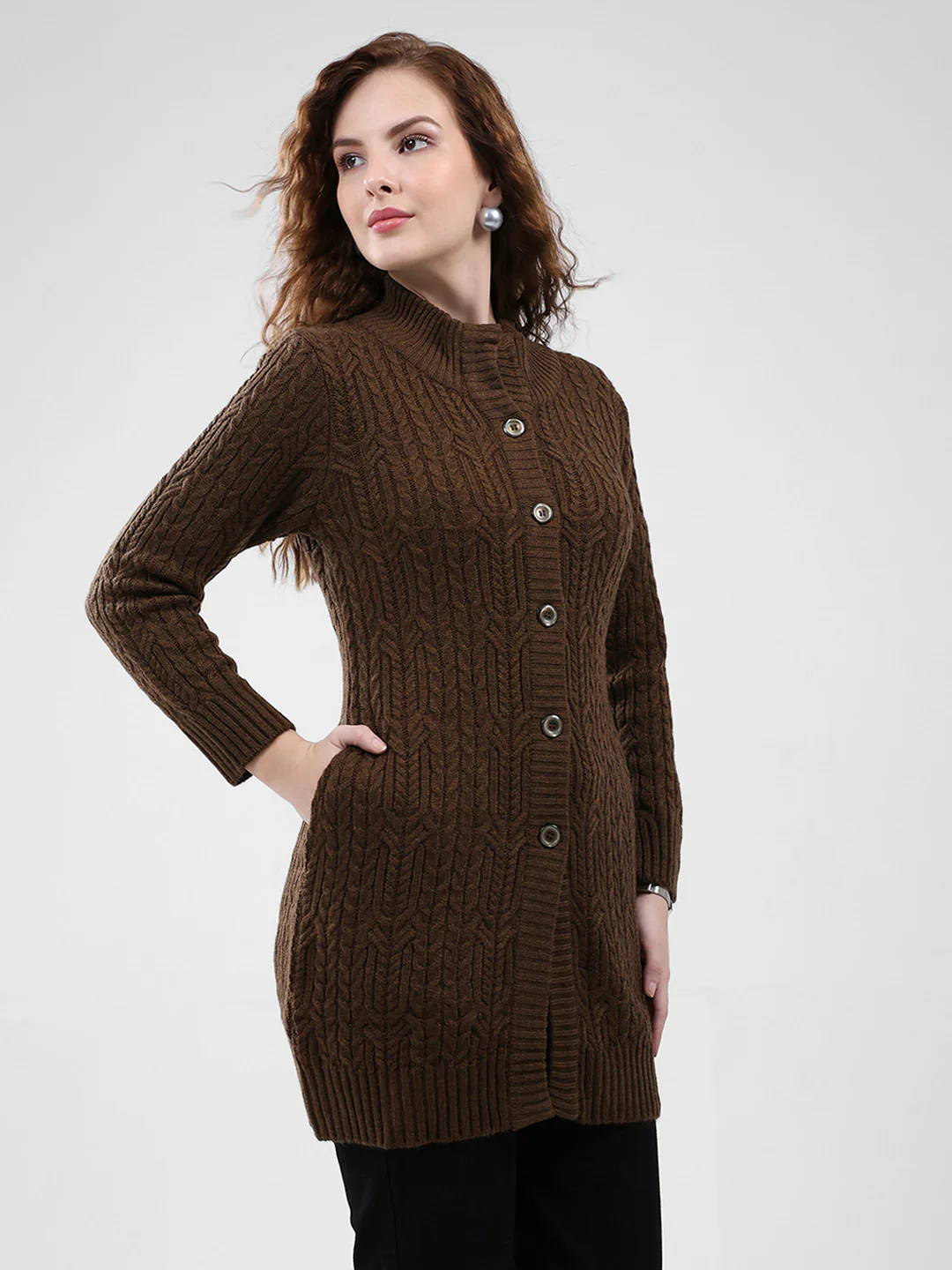 Women Brown Self Design Mock Neck Full Sleeve Cardigan - Image 4