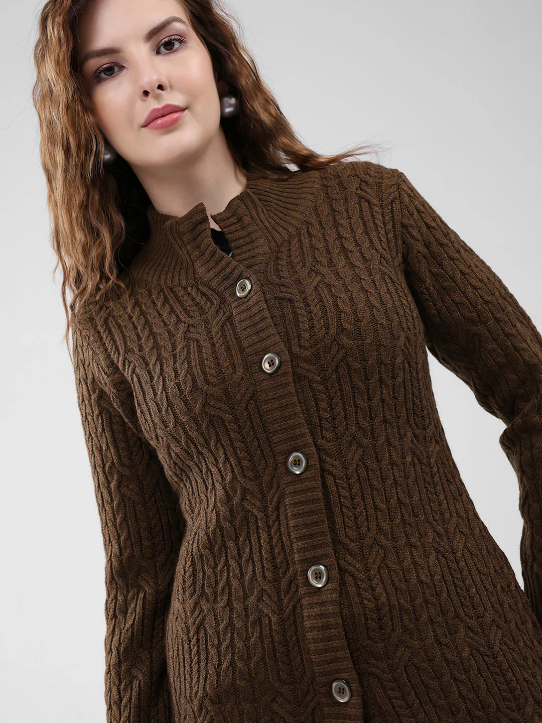 Women Brown Self Design Mock Neck Full Sleeve Cardigan - Image 6
