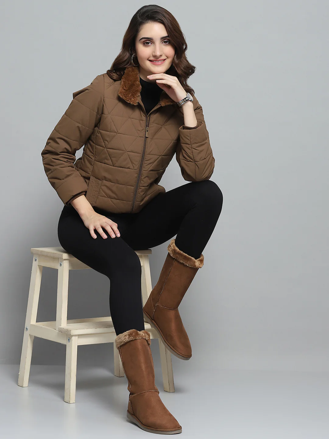 Women Brown Self Design Mock Neck Full Sleeve Jacket - Image 2