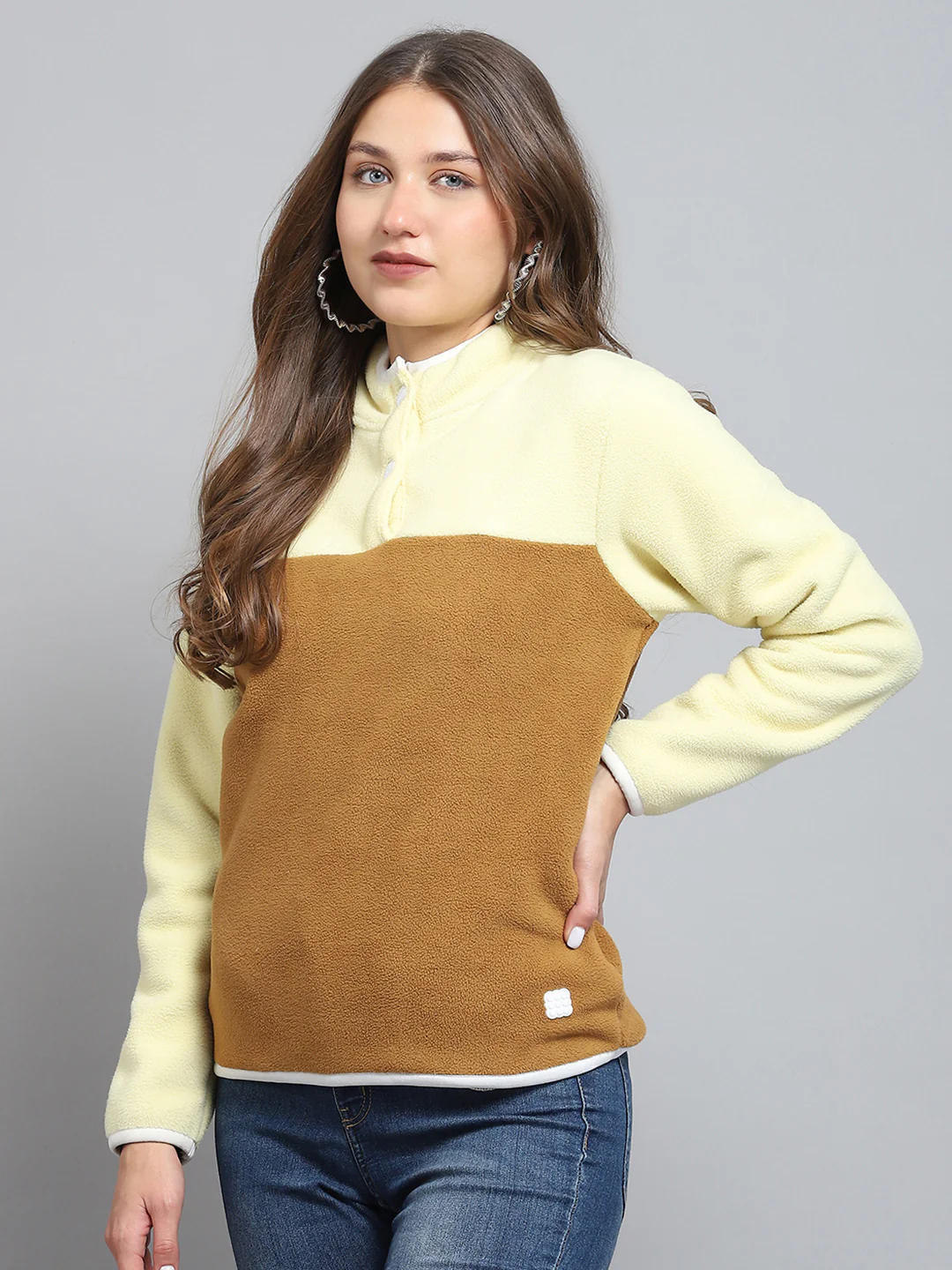 Rock.it Women Brown Self Design Mock Neck Full Sleeve Sweatshirt - Image 3