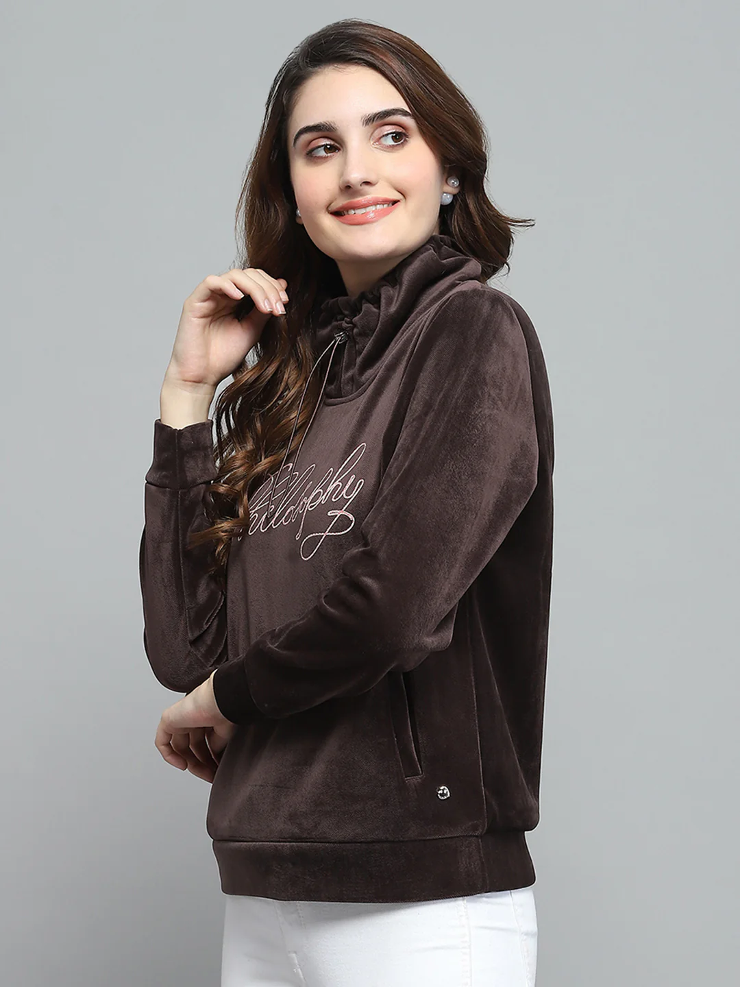 Women Brown Self Design Mock Neck Full Sleeve Sweatshirt - Image 3