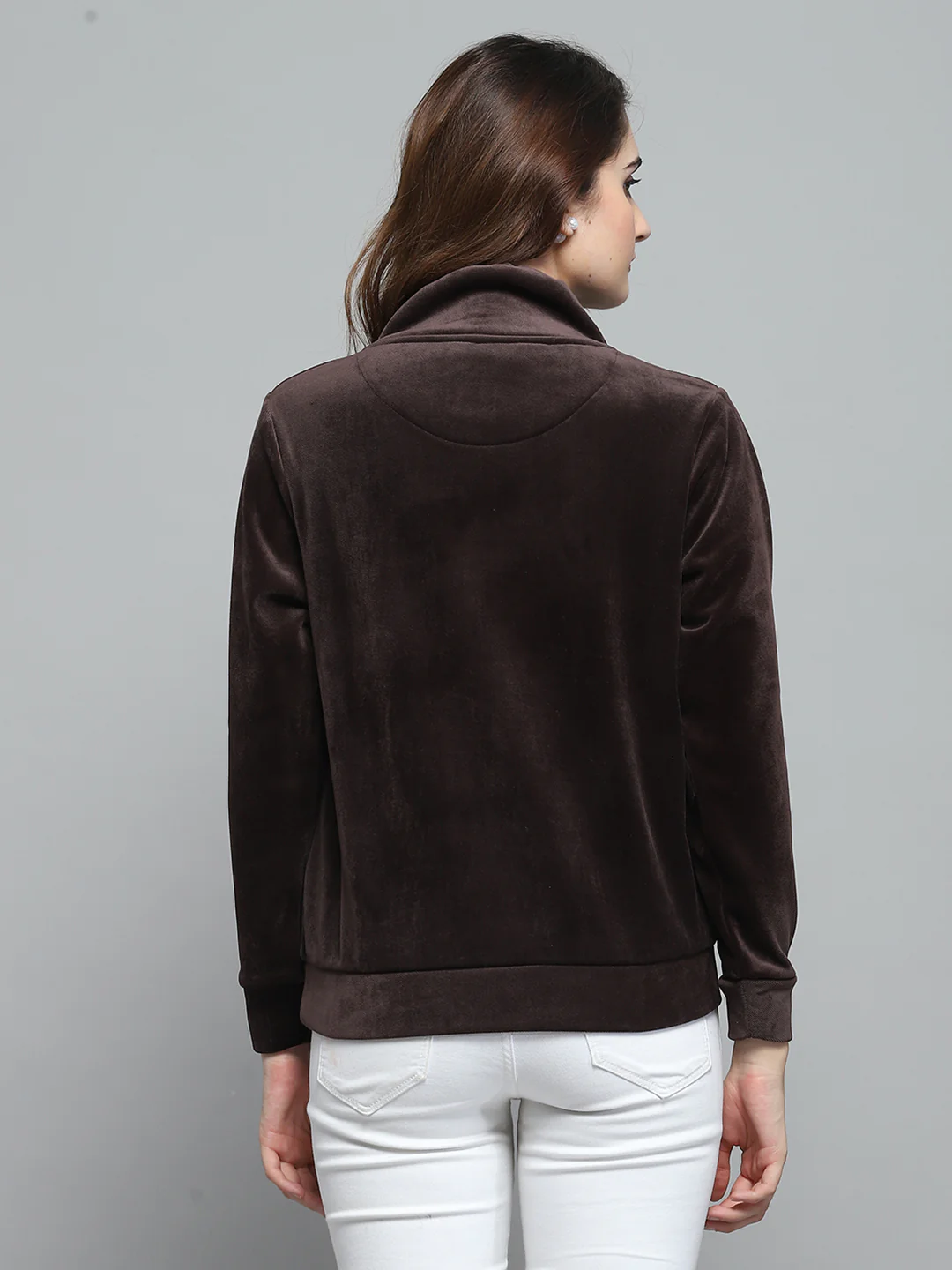 Women Brown Self Design Mock Neck Full Sleeve Sweatshirt - Image 5