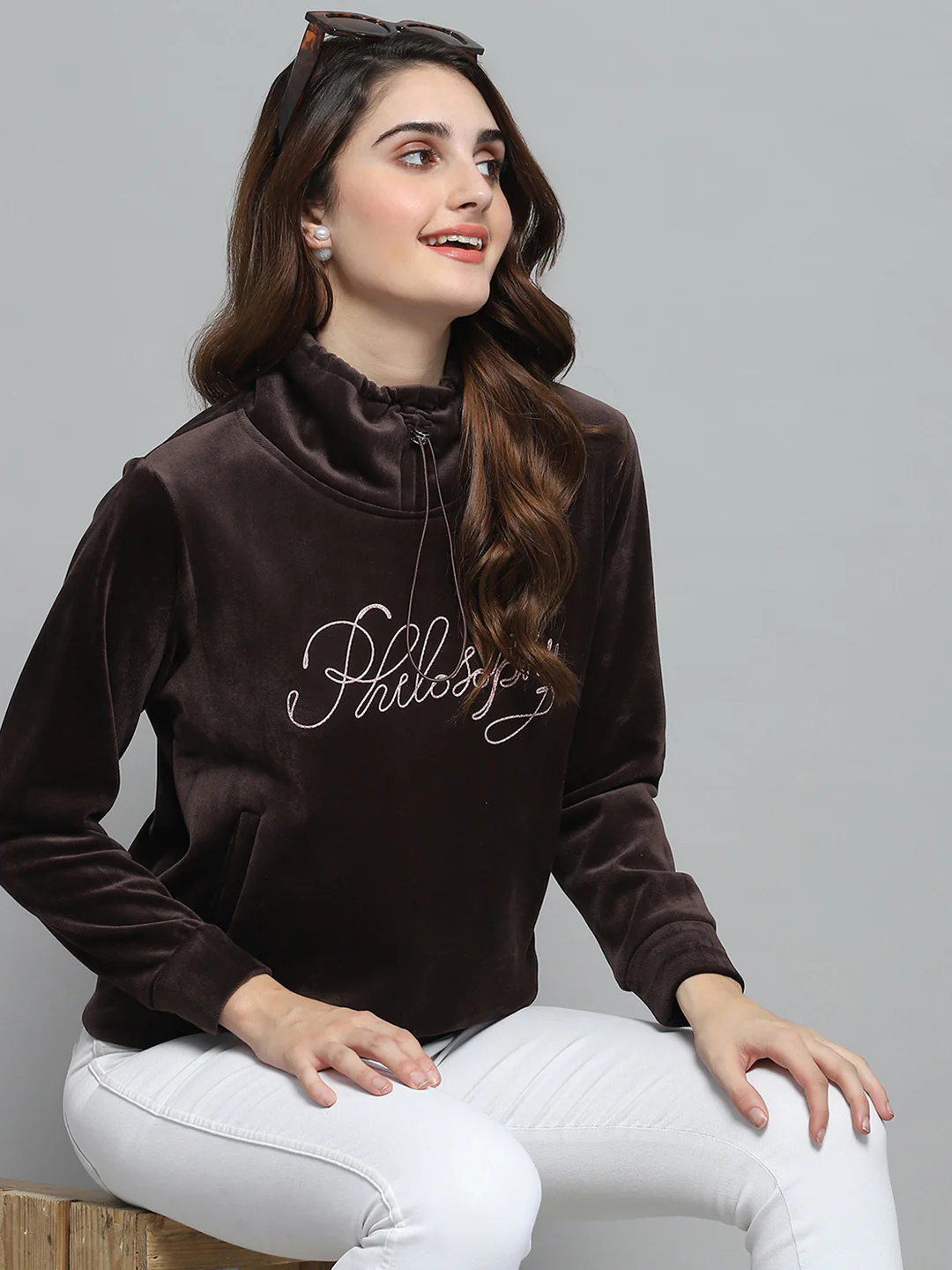 Women Brown Self Design Mock Neck Full Sleeve Sweatshirt - Image 6