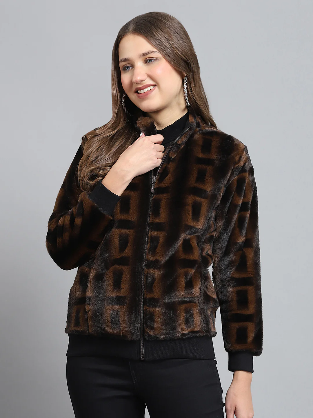 Women Brown Self Design Mock Neck Full Sleeve Sweatshirt