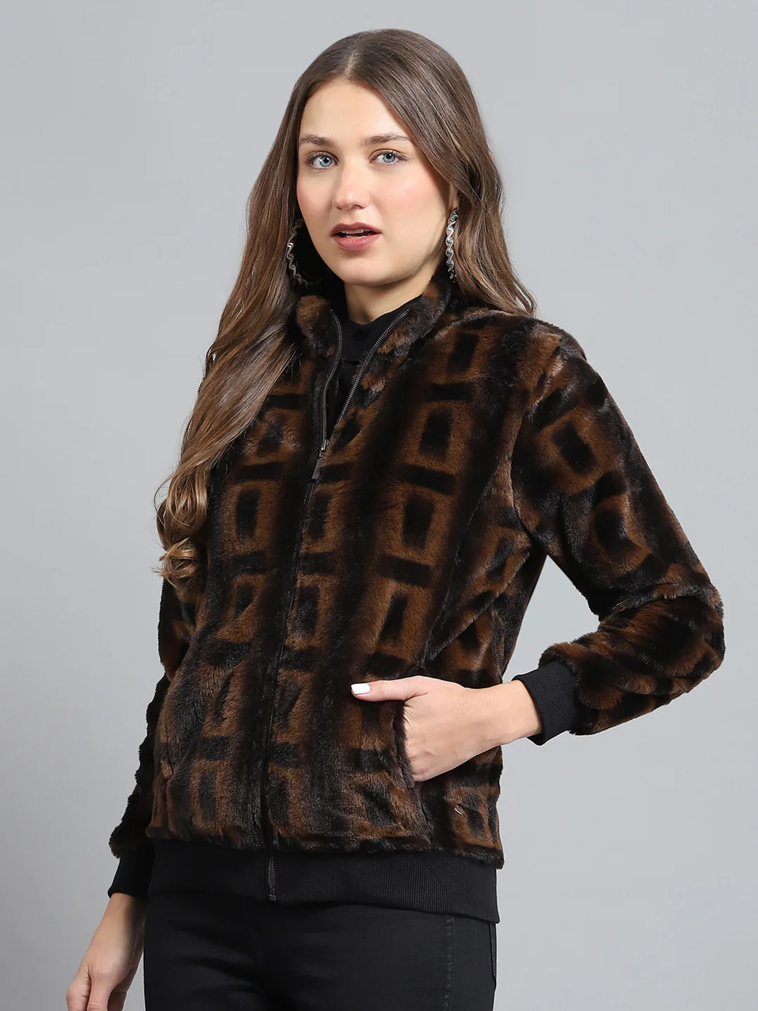 Women Brown Self Design Mock Neck Full Sleeve Sweatshirt - Image 3