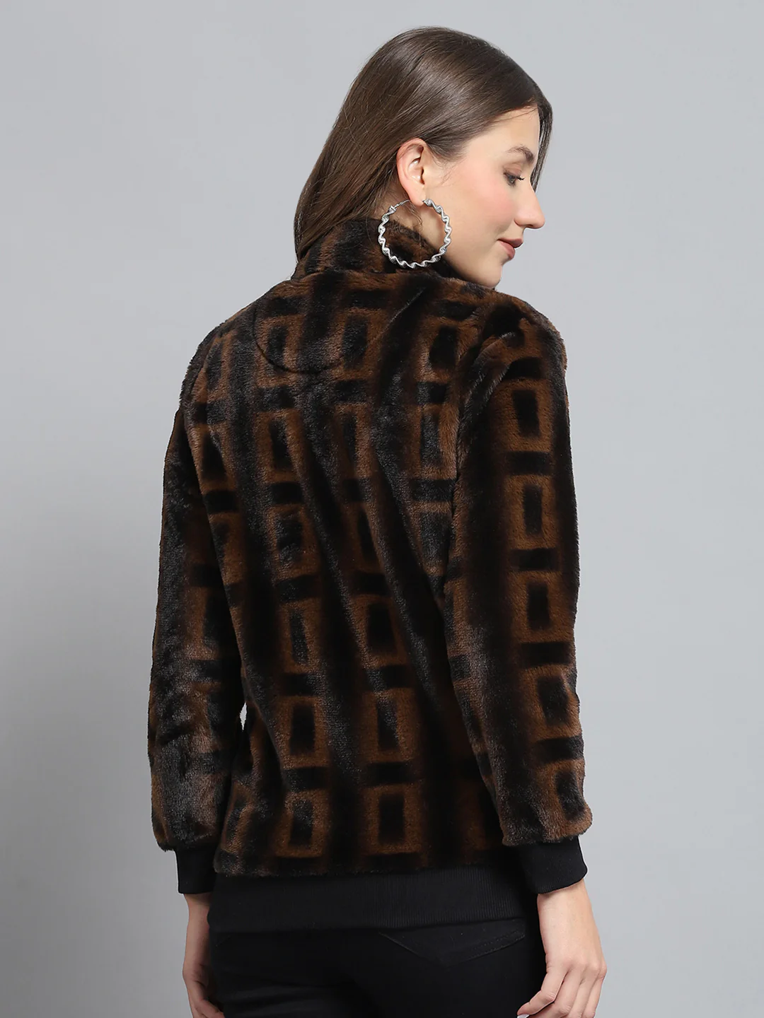 Women Brown Self Design Mock Neck Full Sleeve Sweatshirt - Image 5