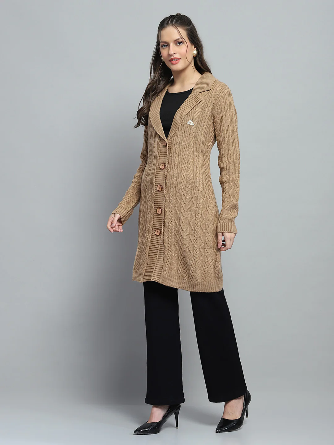 Women Brown Self Design Notch Lapel Collar Full Sleeve Cardigan - Image 3