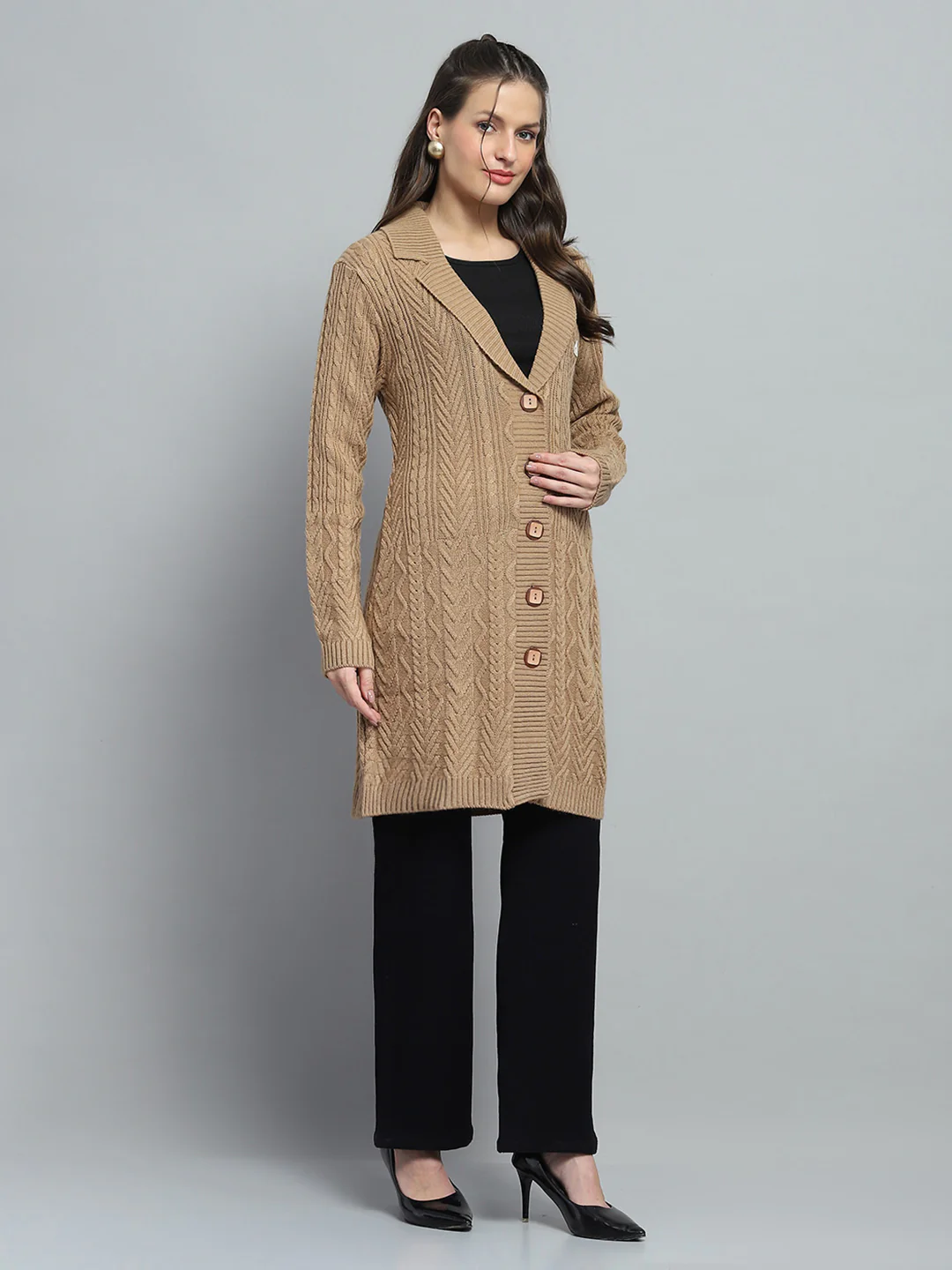 Women Brown Self Design Notch Lapel Collar Full Sleeve Cardigan - Image 4