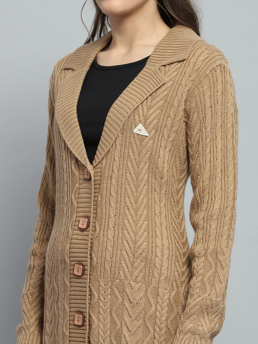 Women Brown Self Design Notch Lapel Collar Full Sleeve Cardigan - Image 6