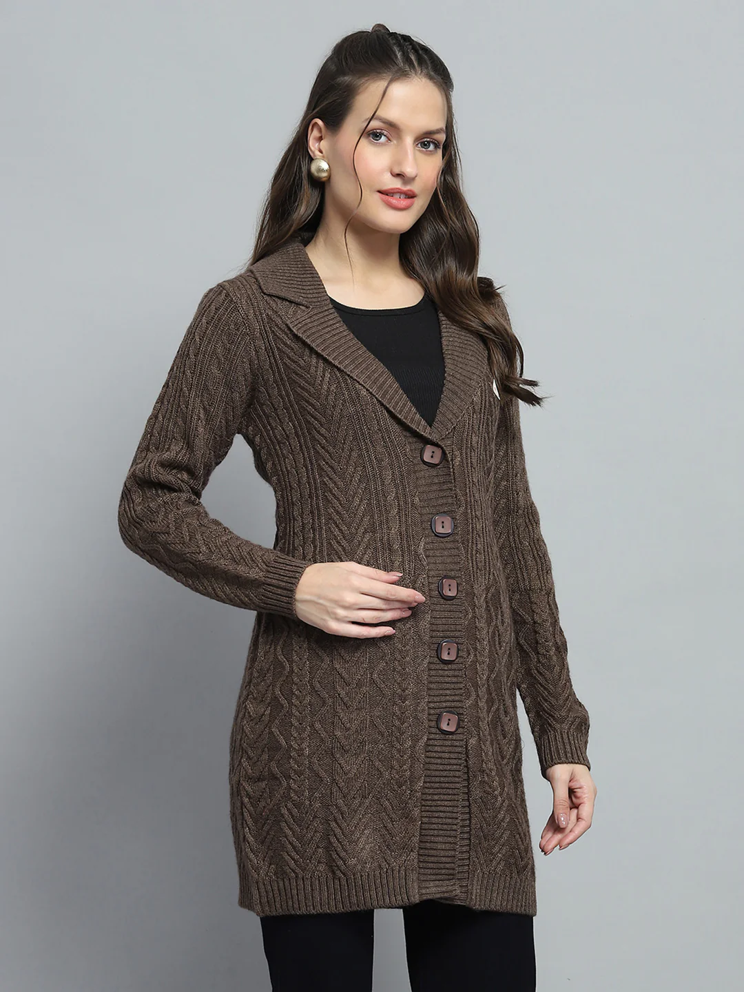 Women Brown Self Design Notch Lapel Collar Full Sleeve Cardigan - Image 4