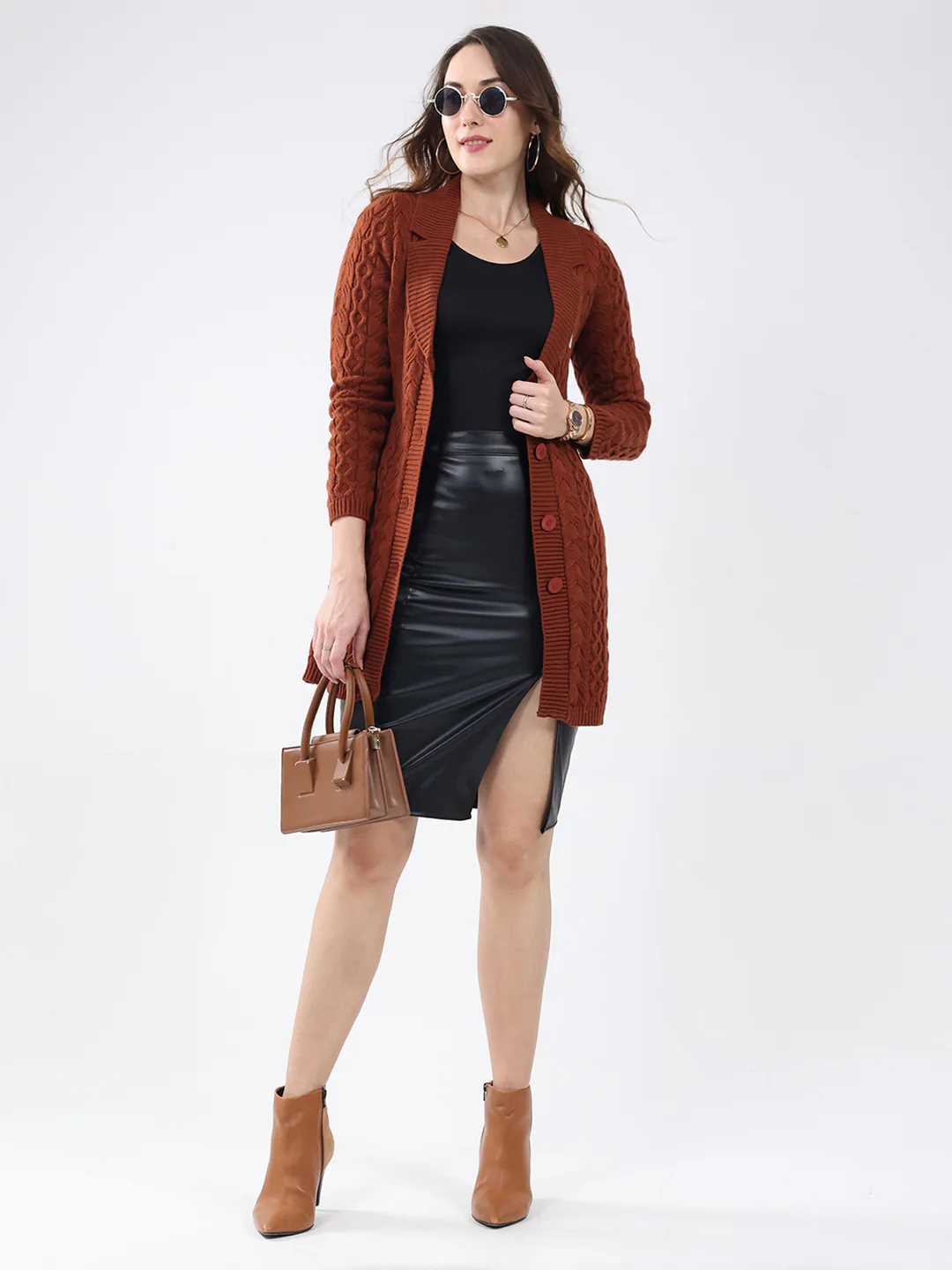 Women Brown Self Design Notch Lapel Collar Full Sleeve Cardigan - Image 2