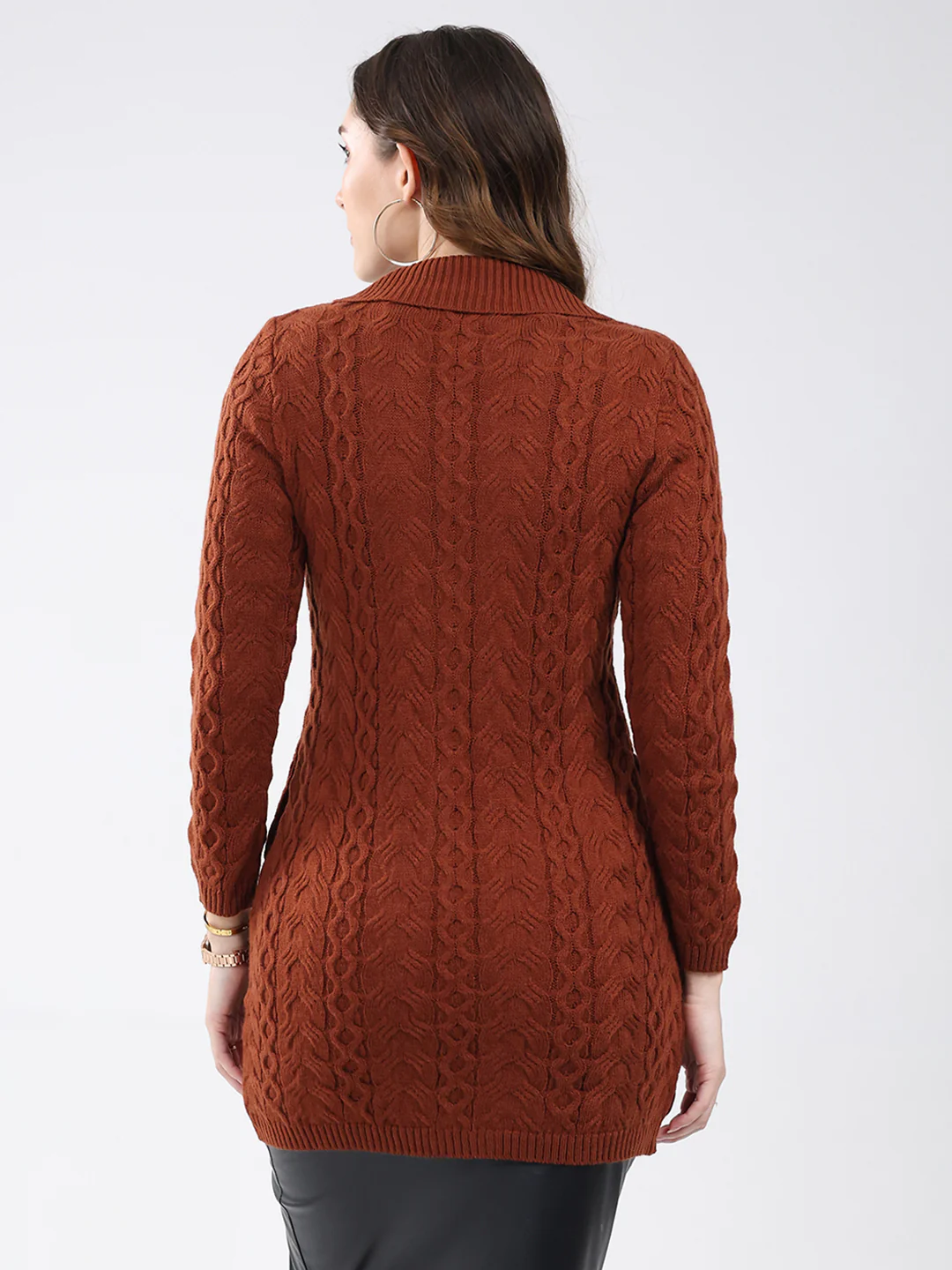 Women Brown Self Design Notch Lapel Collar Full Sleeve Cardigan - Image 5