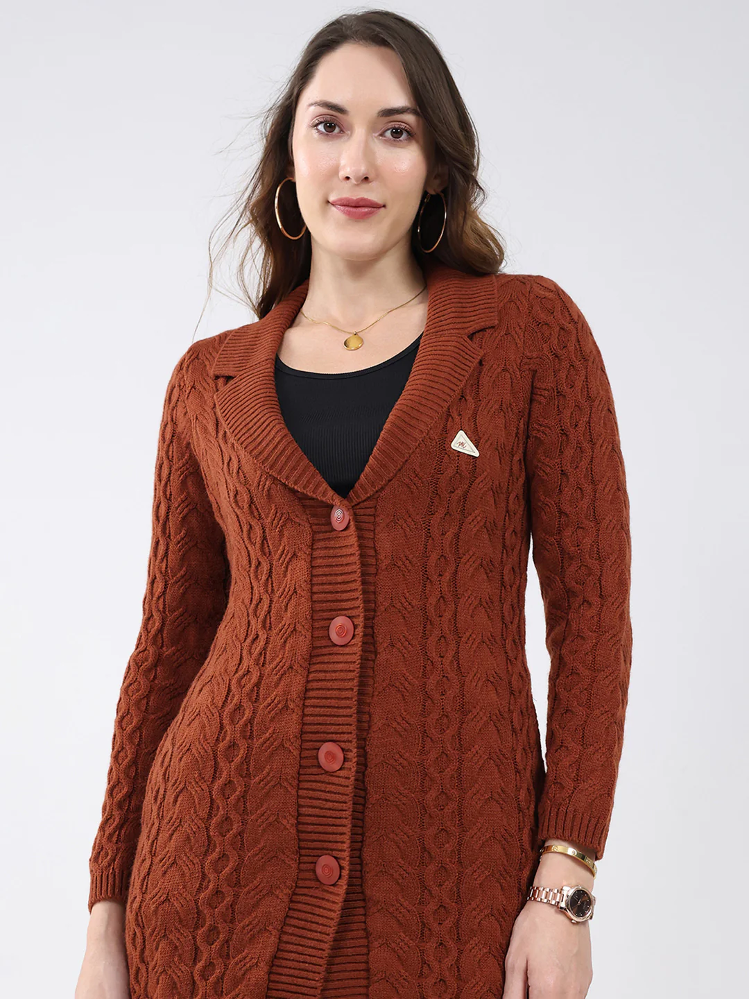 Women Brown Self Design Notch Lapel Collar Full Sleeve Cardigan - Image 6