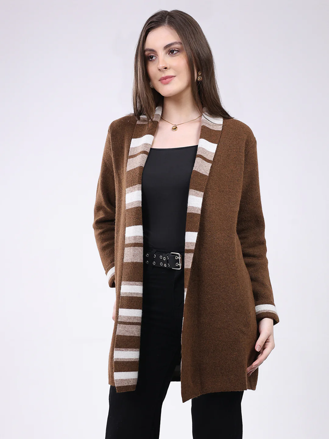 Women Brown Self Design Notch Lapel Collar Full Sleeve Cardigan - Image 3