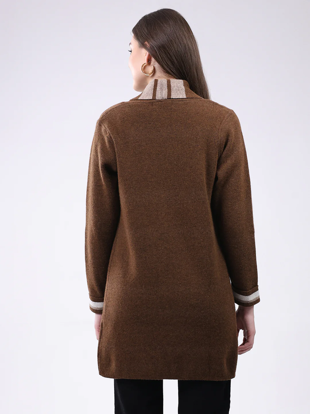 Women Brown Self Design Notch Lapel Collar Full Sleeve Cardigan - Image 5