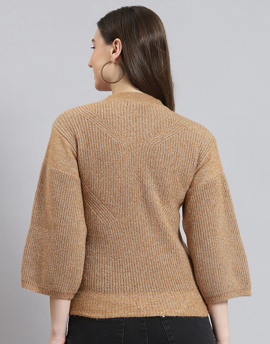 Women Brown Self Design Round Neck 3/4th Sleeve Sweater - Image 6