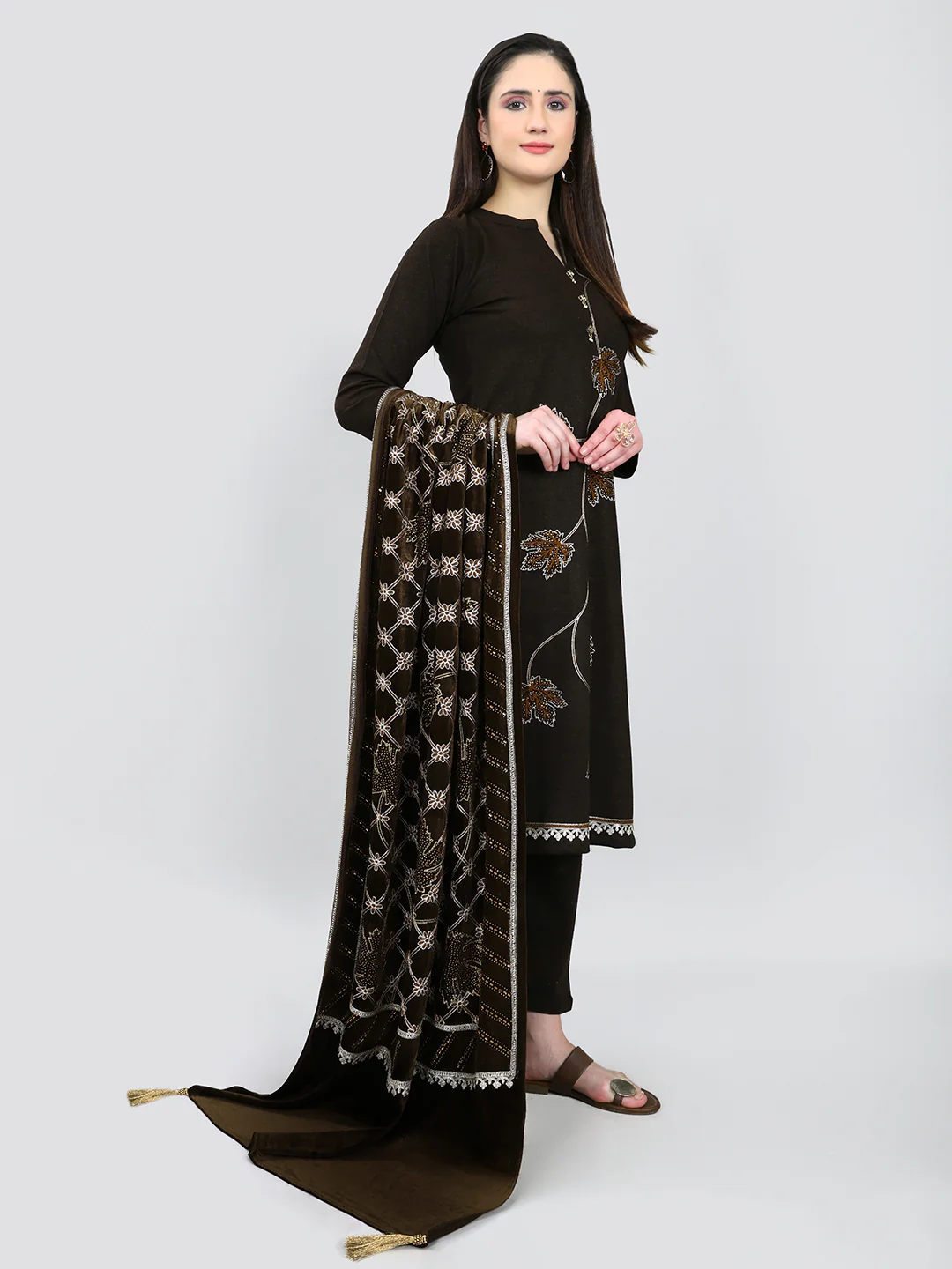Women Brown Self Design Round Neck Full Sleeve 3 Pc Kurtis Set for Winter - Image 2
