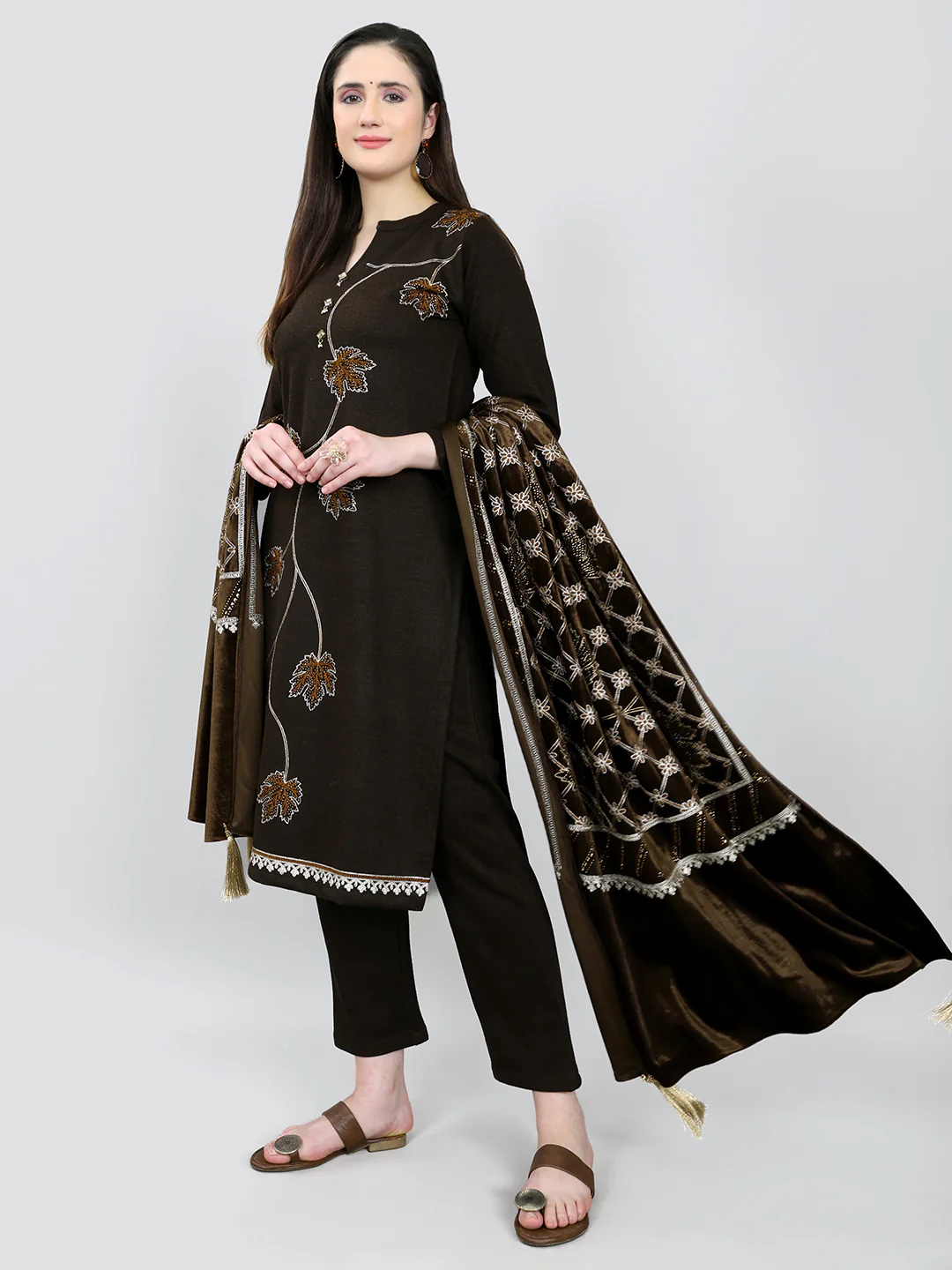 Women Brown Self Design Round Neck Full Sleeve 3 Pc Kurtis Set for Winter - Image 3
