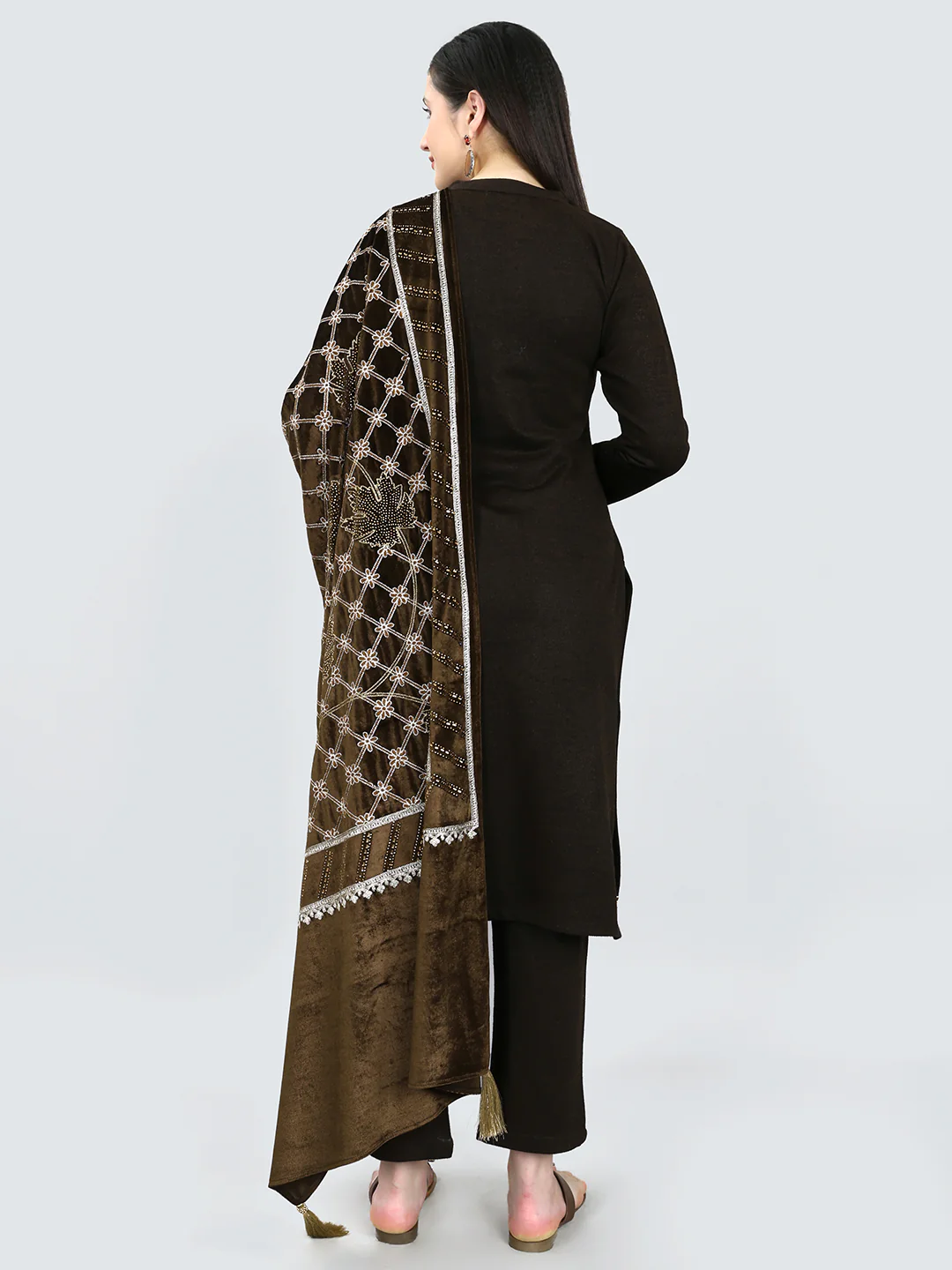 Women Brown Self Design Round Neck Full Sleeve 3 Pc Kurtis Set for Winter - Image 4