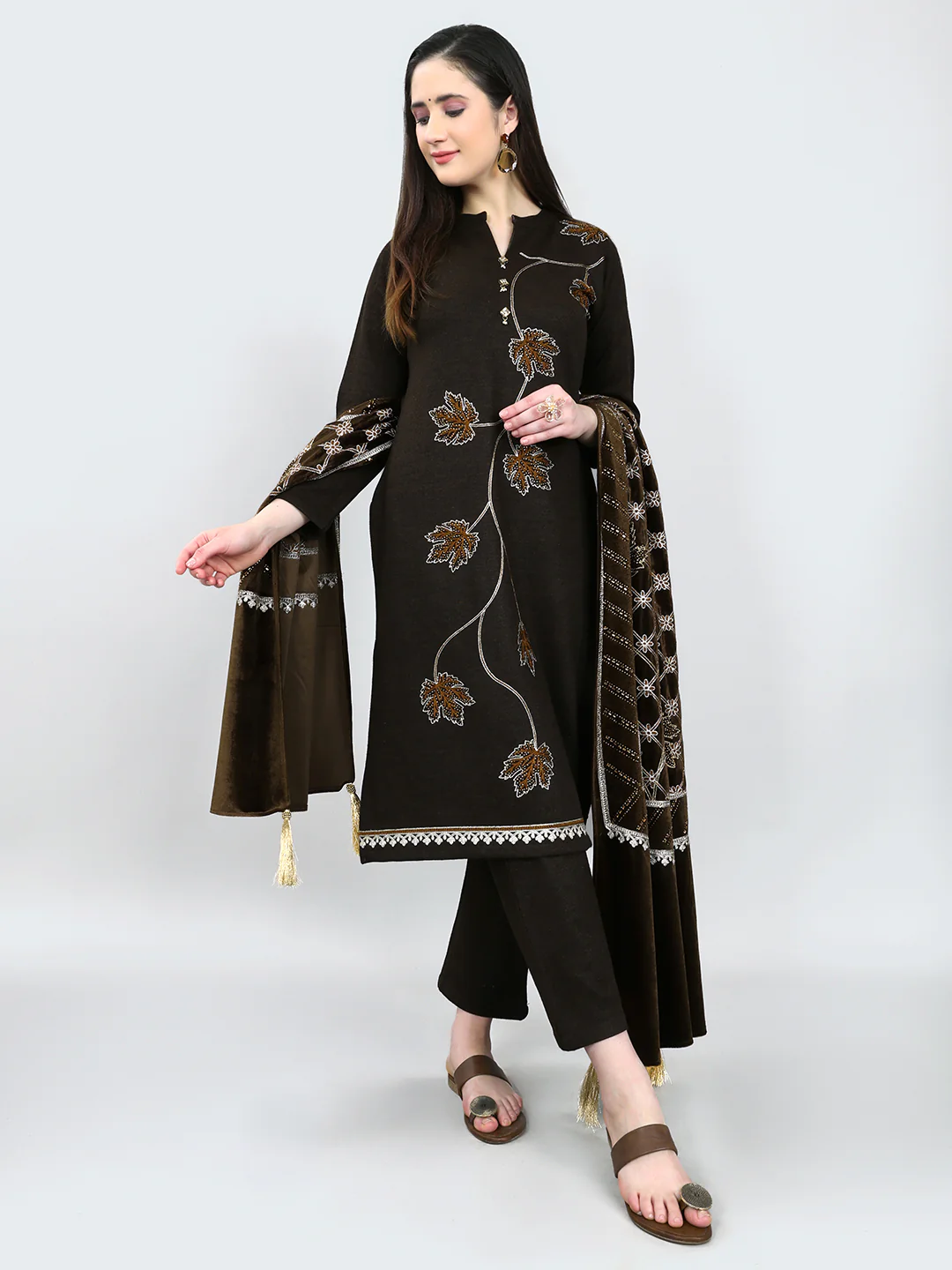 Women Brown Self Design Round Neck Full Sleeve 3 Pc Kurtis Set for Winter - Image 6