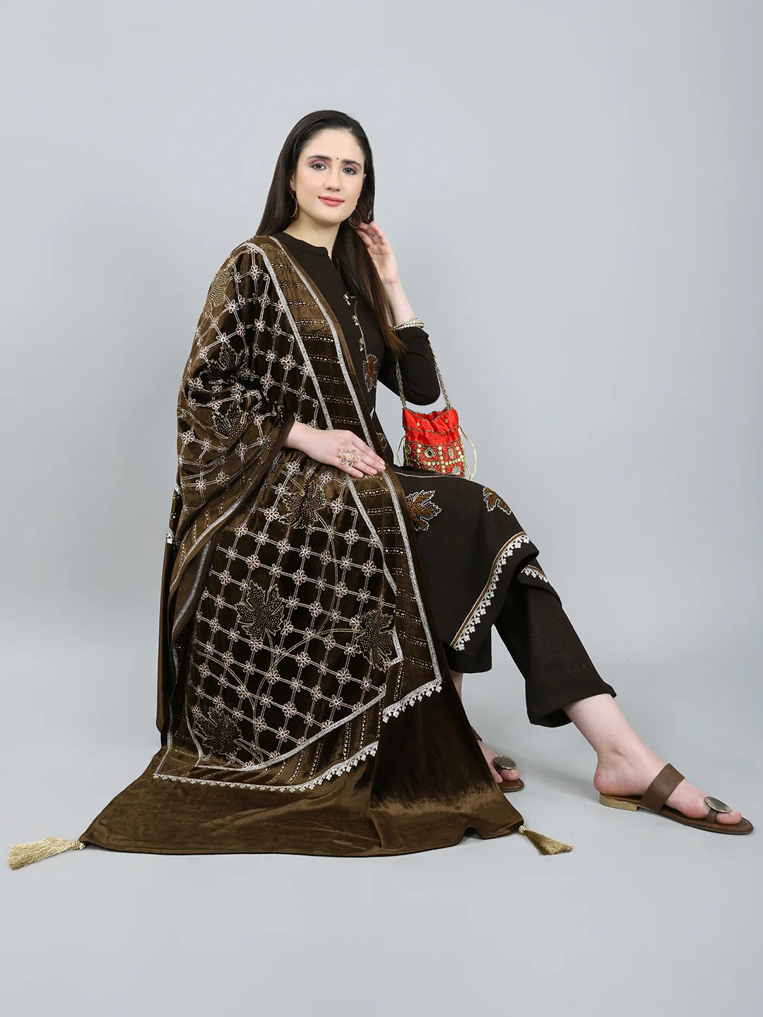 Women Brown Self Design Round Neck Full Sleeve 3 Pc Kurtis Set for Winter - Image 8
