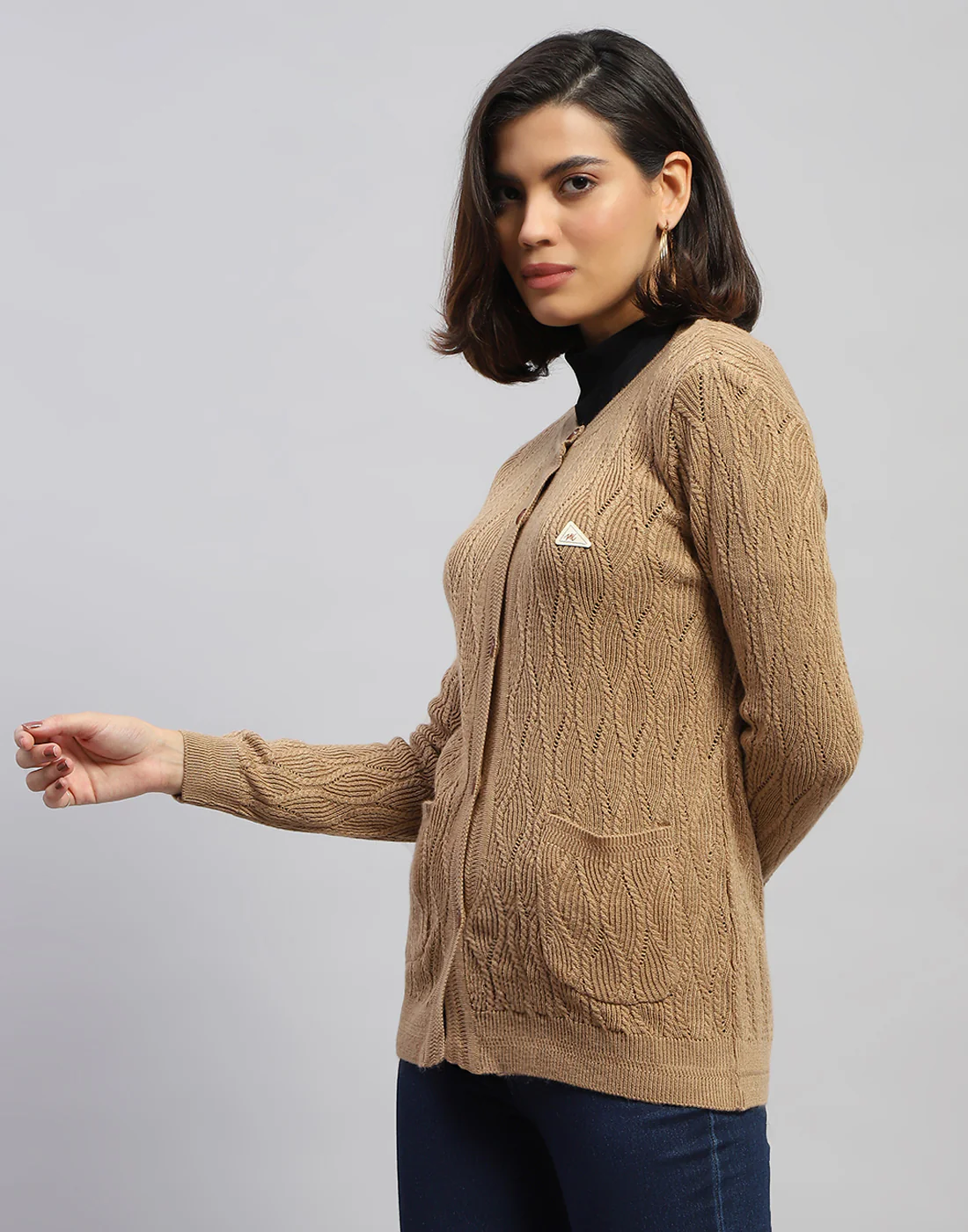 Women Brown Self Design Round Neck Full Sleeve Cardigan - Image 3