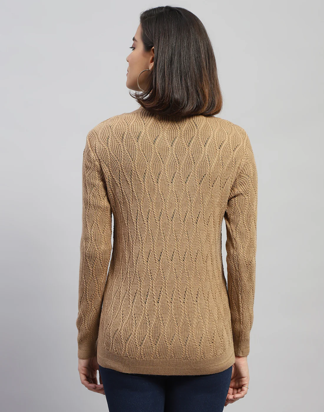 Women Brown Self Design Round Neck Full Sleeve Cardigan - Image 5